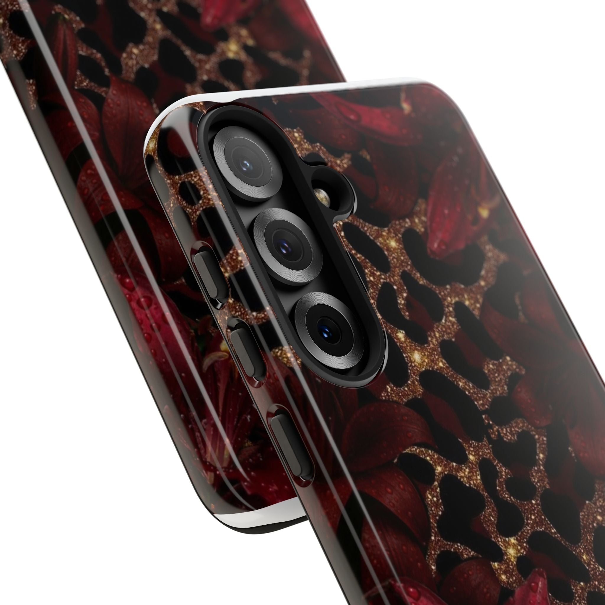 Protective Phone Case — Burgundy Floral & Gold Leopard Print Tough Case