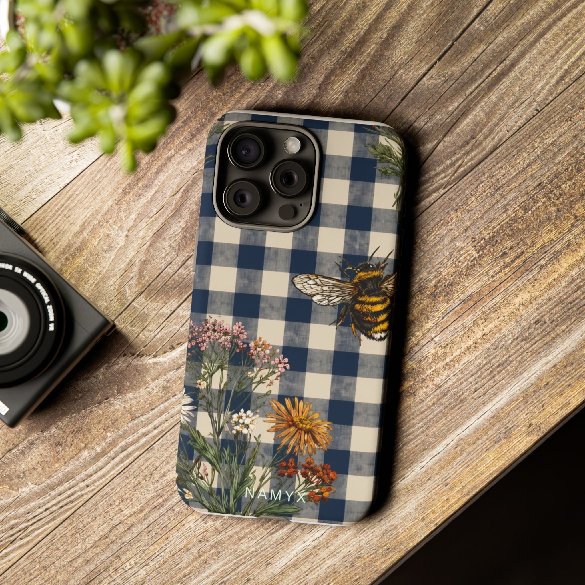 Bee & Wildflower Plaid Phone Case — Navy Buffalo Check Floral iPhone Cover