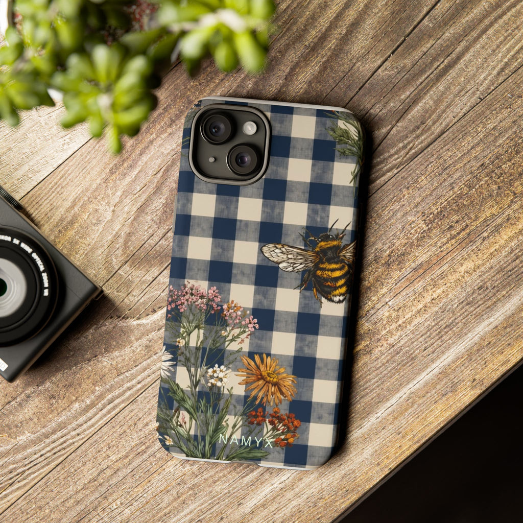 Bee & Wildflower Plaid Phone Case — Navy Buffalo Check Floral iPhone Cover