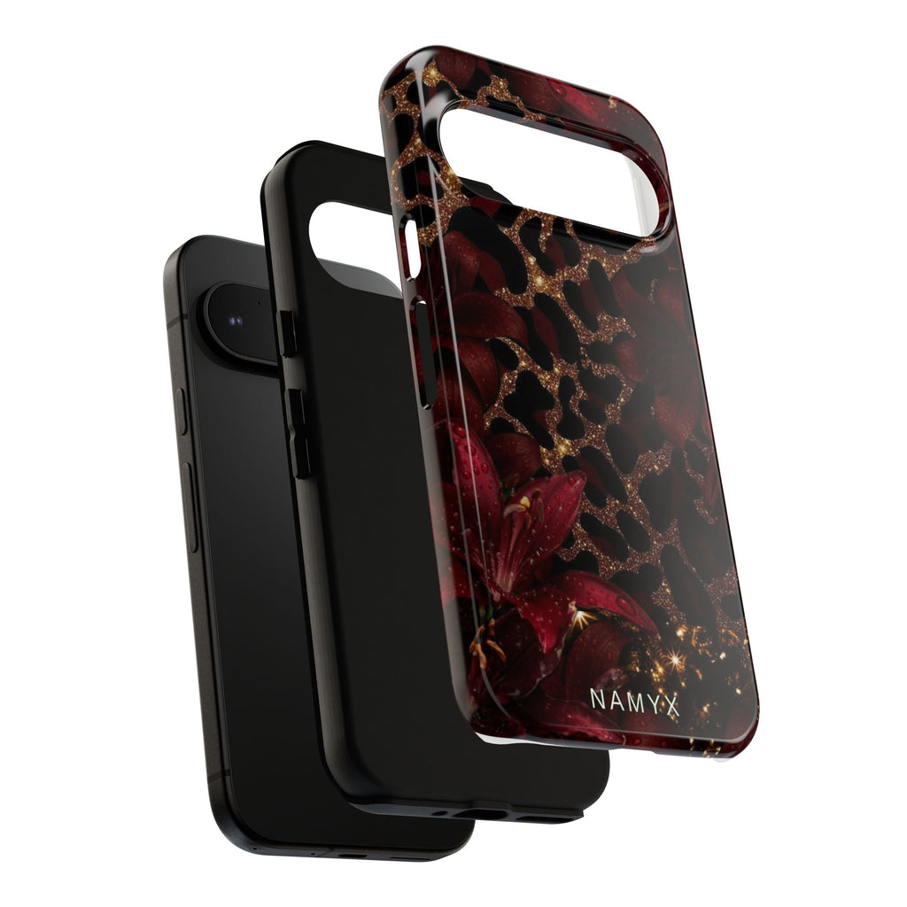 Protective Phone Case — Burgundy Floral & Gold Leopard Print Tough Case