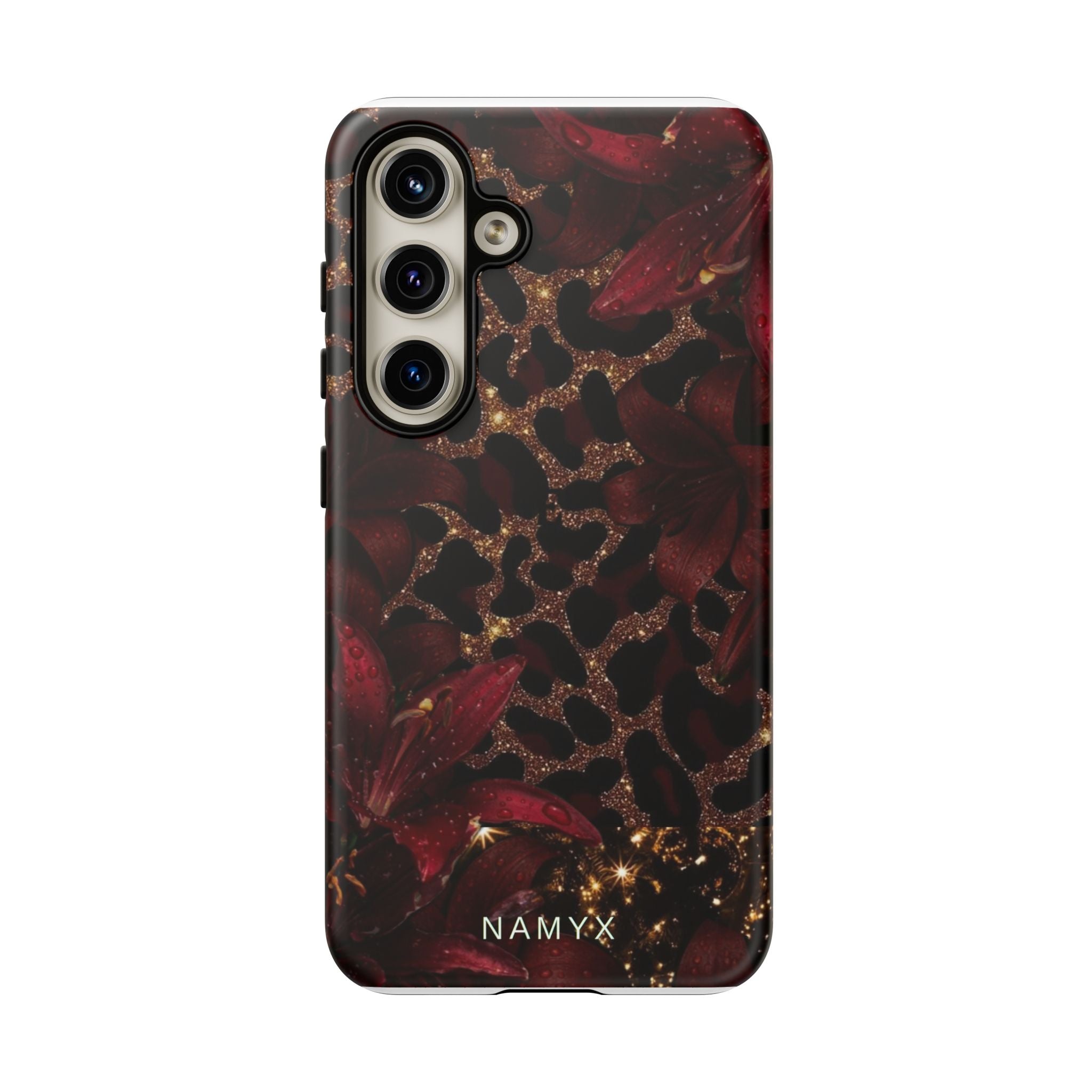 Protective Phone Case — Burgundy Floral & Gold Leopard Print Tough Case