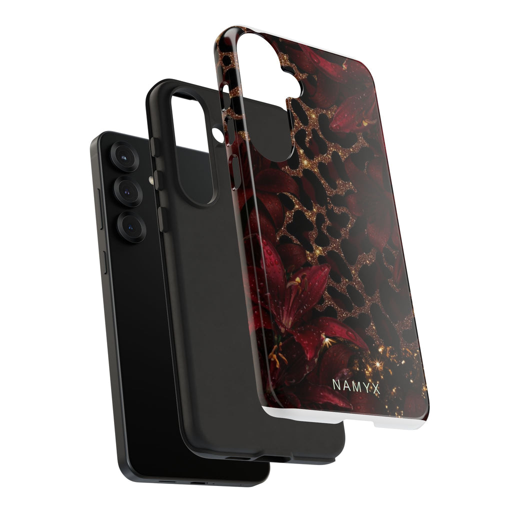 Protective Phone Case — Burgundy Floral & Gold Leopard Print Tough Case