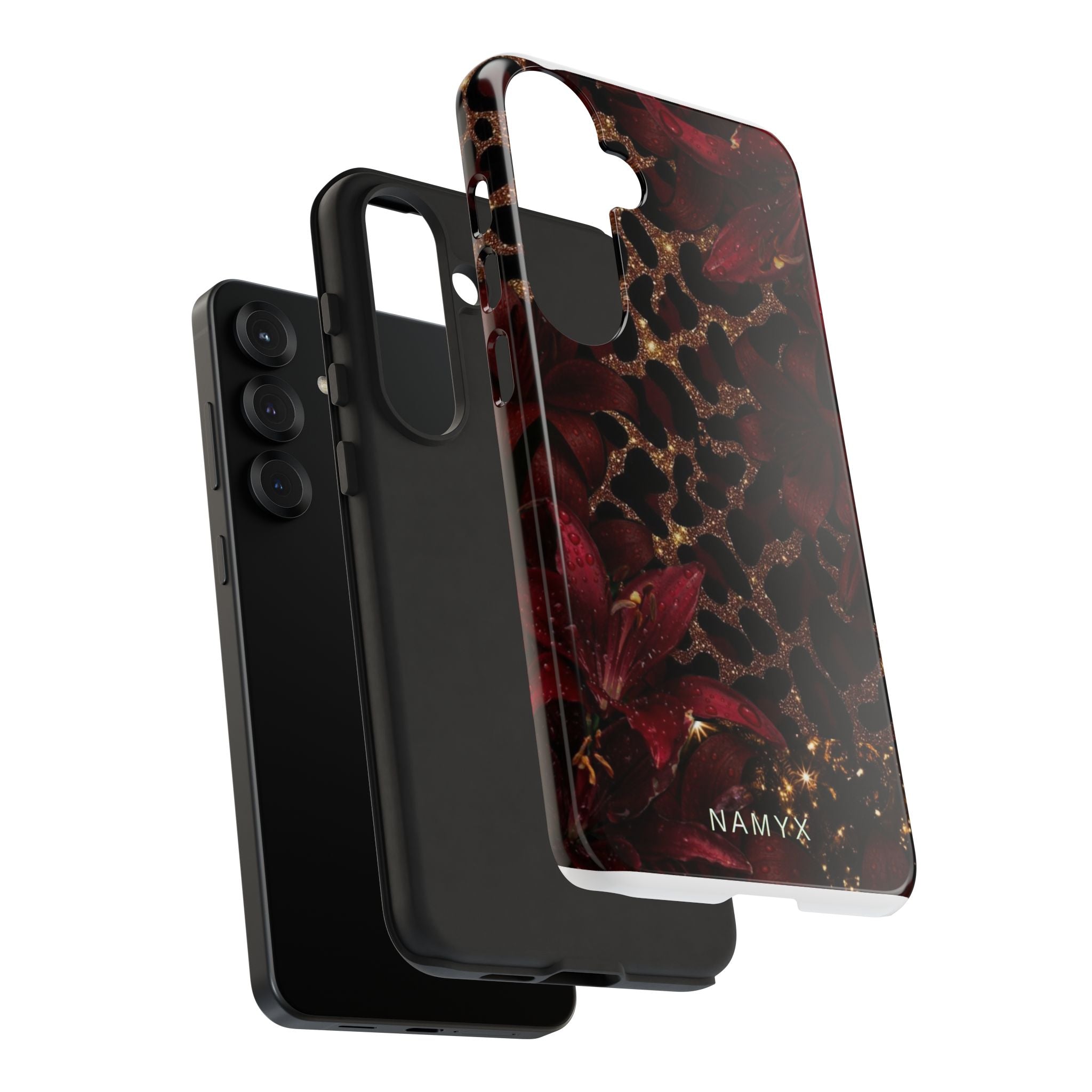 Protective Phone Case — Burgundy Floral & Gold Leopard Print Tough Case