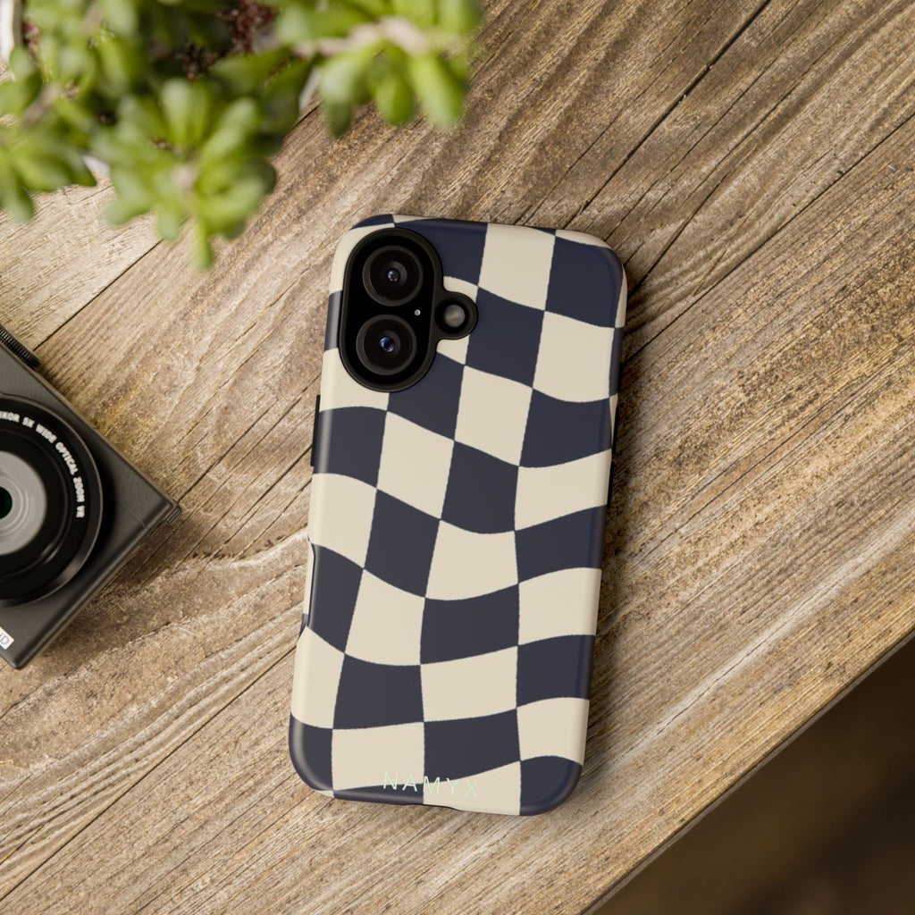 Wavy Checkered Phone Case – Retro Navy Racing Pattern Tough Case