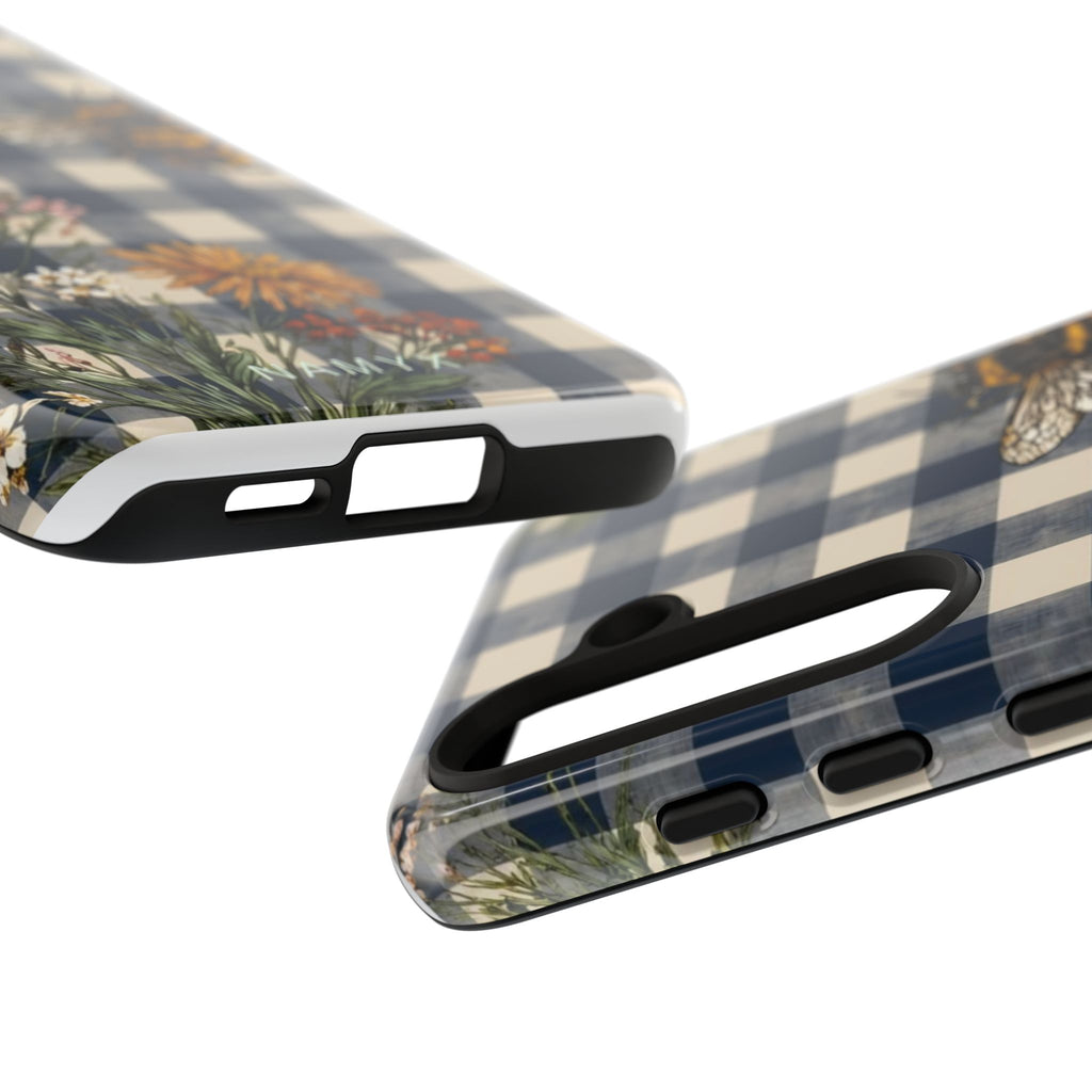 Bee & Wildflower Plaid Phone Case — Navy Buffalo Check Floral iPhone Cover