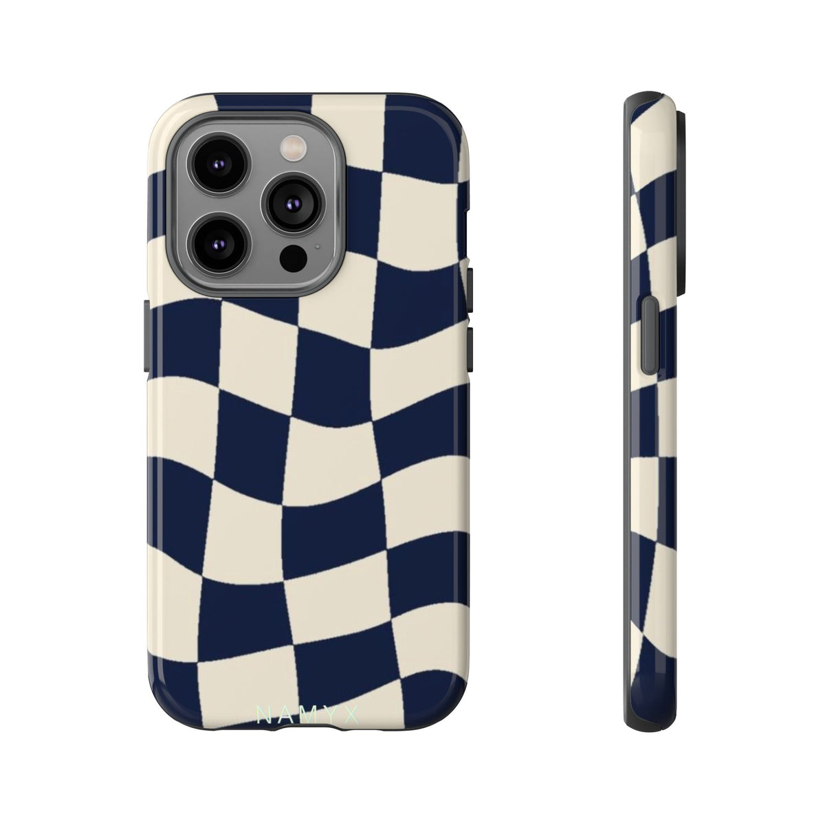 Wavy Checkered Phone Case – Retro Navy Racing Pattern Tough Case