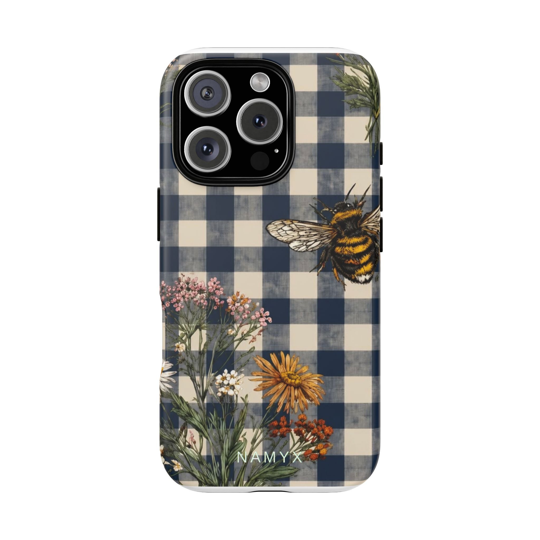 Bee & Wildflower Plaid Phone Case — Navy Buffalo Check Floral iPhone Cover