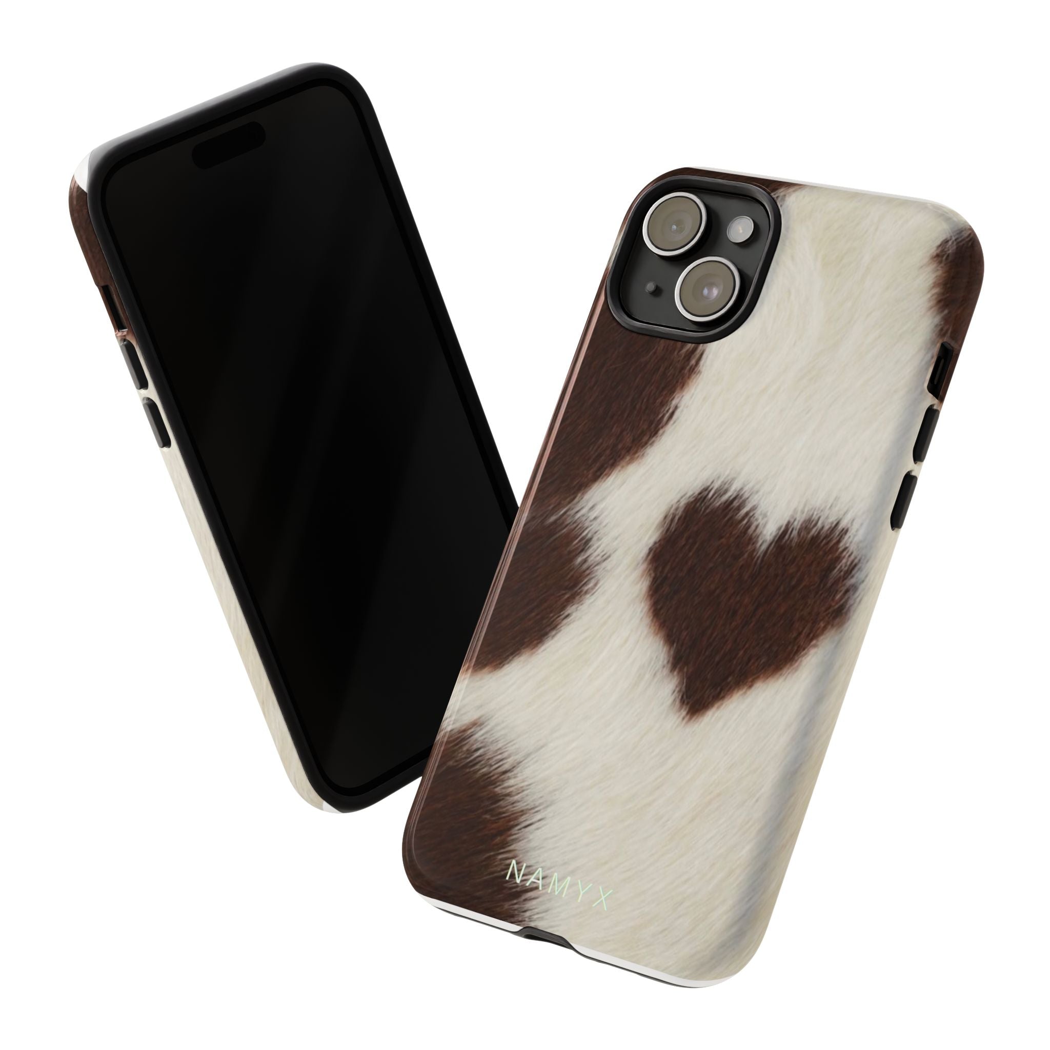 Cowhide Heart Phone Case — Cute Cow Print Protective iPhone Cover