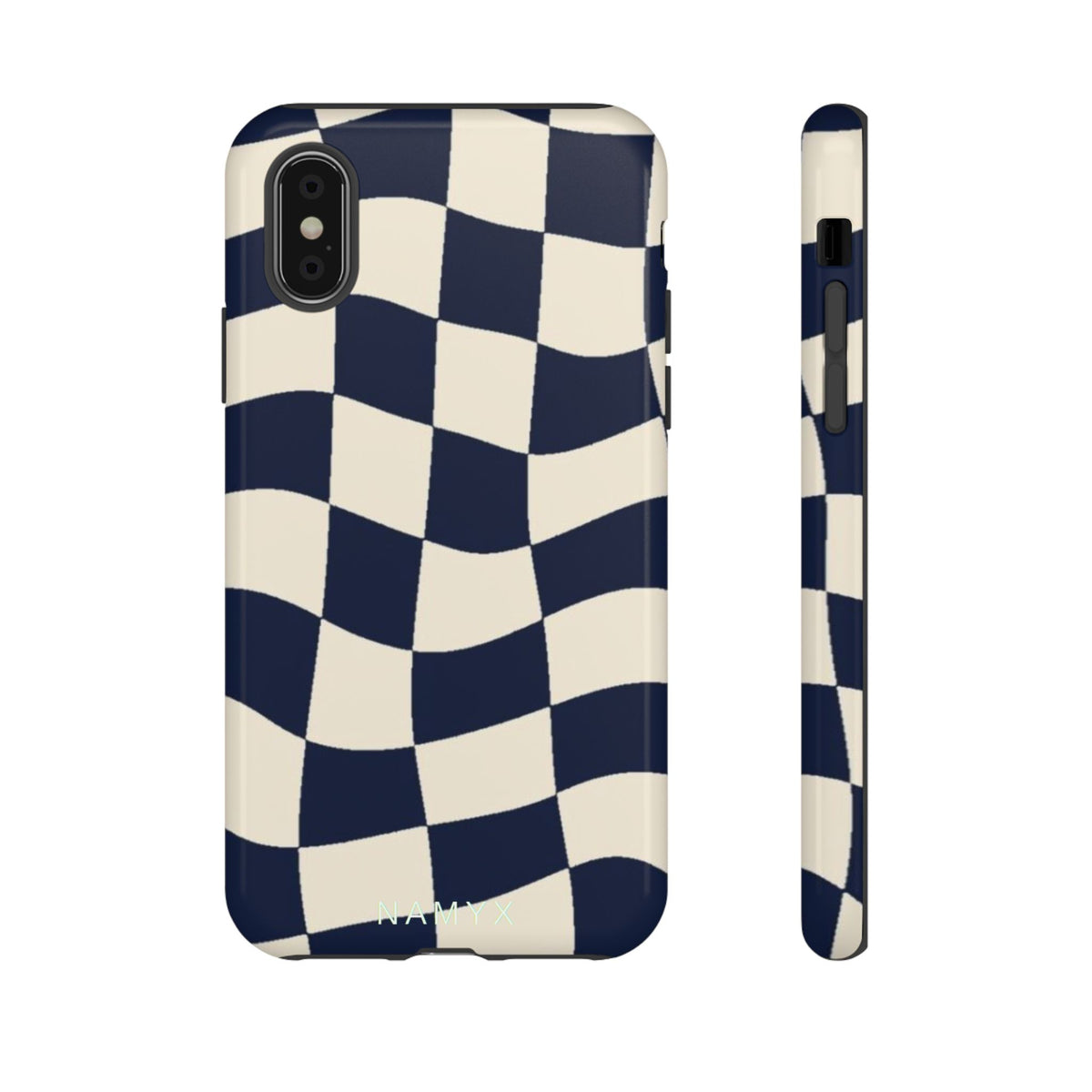 Wavy Checkered Phone Case – Retro Navy Racing Pattern Tough Case