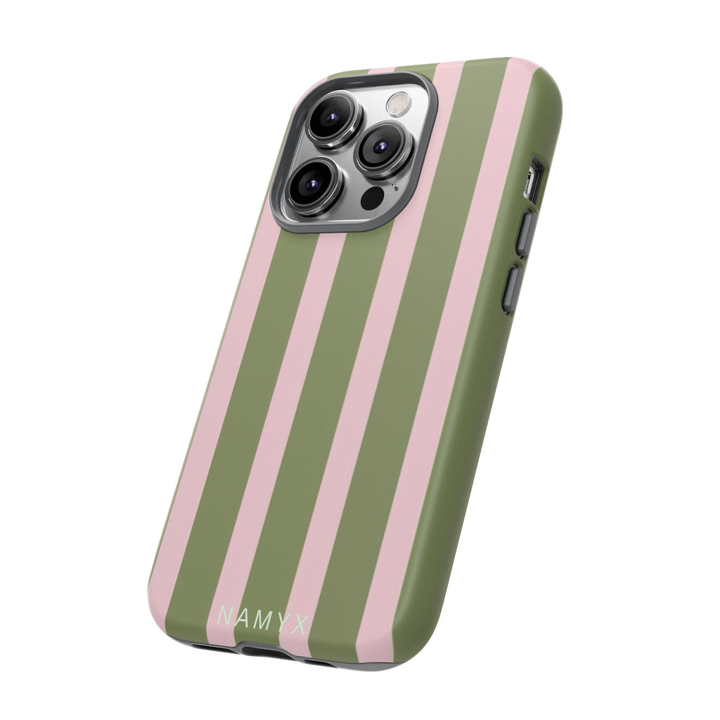 Striped Olive & Blush Tough Phone Case — Durable Protective Phone Cover