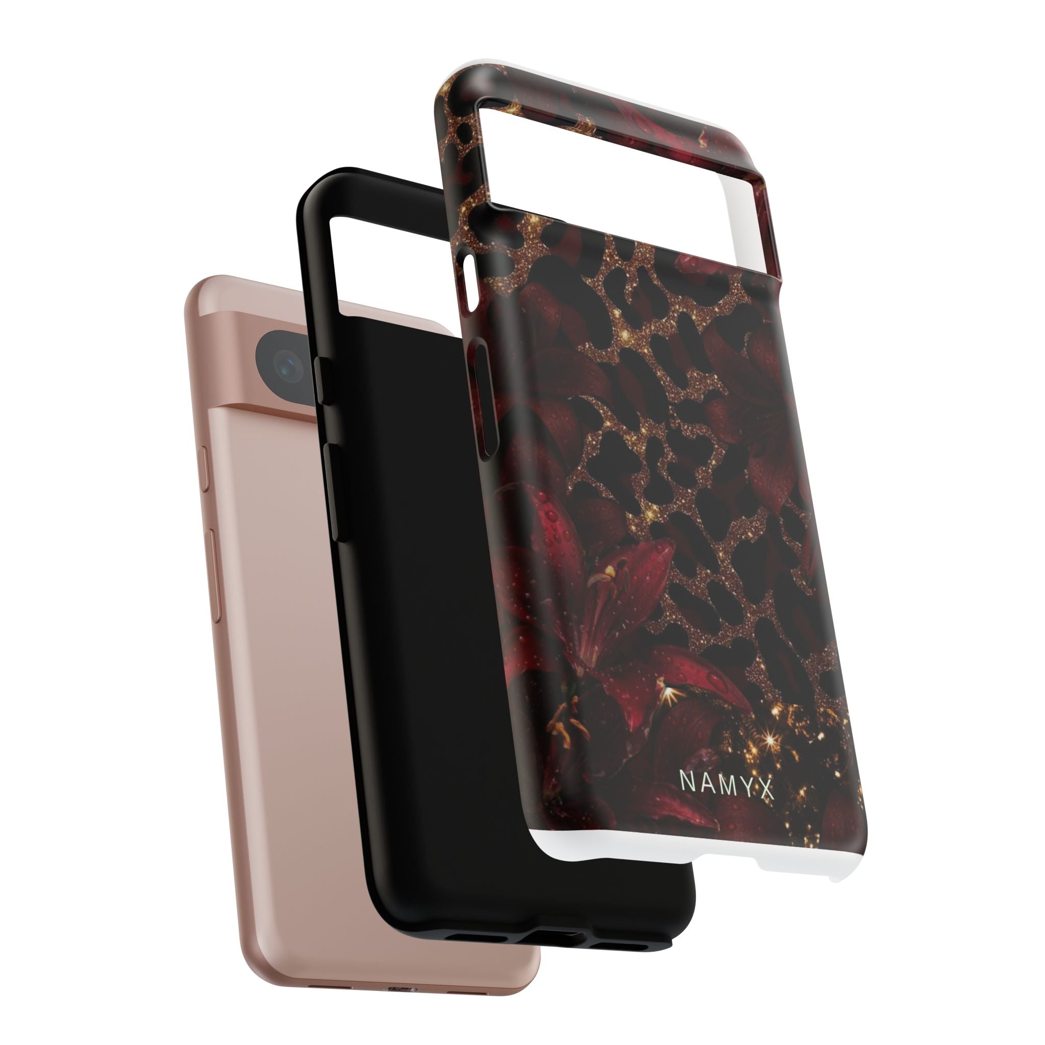 Protective Phone Case — Burgundy Floral & Gold Leopard Print Tough Case