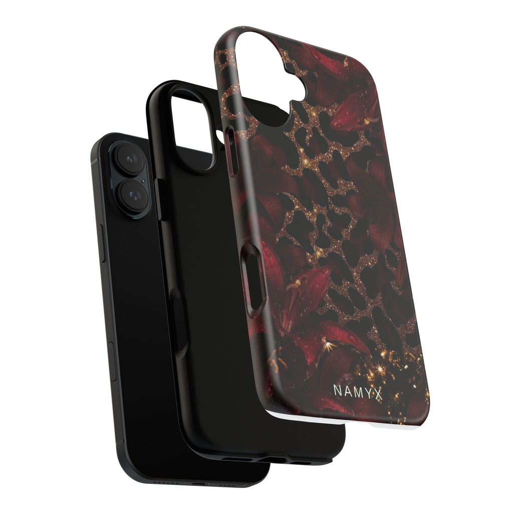 Protective Phone Case — Burgundy Floral & Gold Leopard Print Tough Case