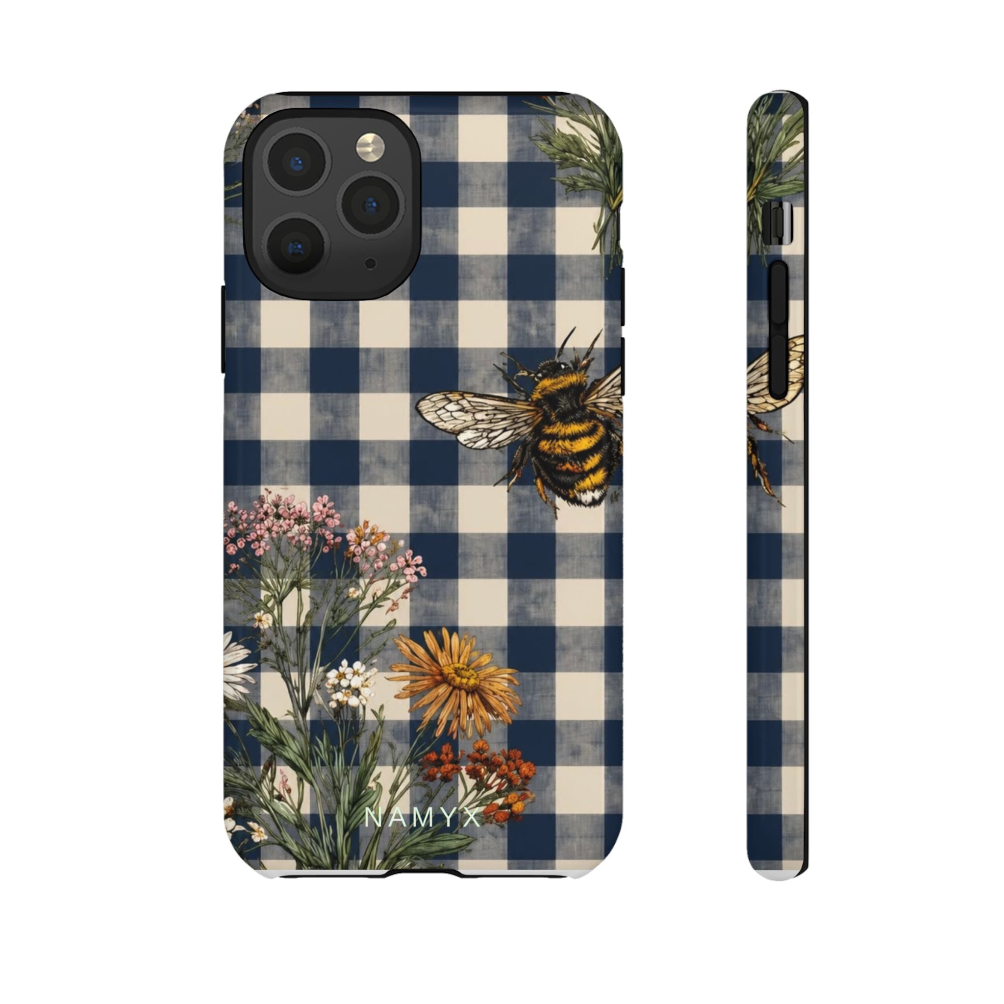Bee & Wildflower Plaid Phone Case — Navy Buffalo Check Floral iPhone Cover