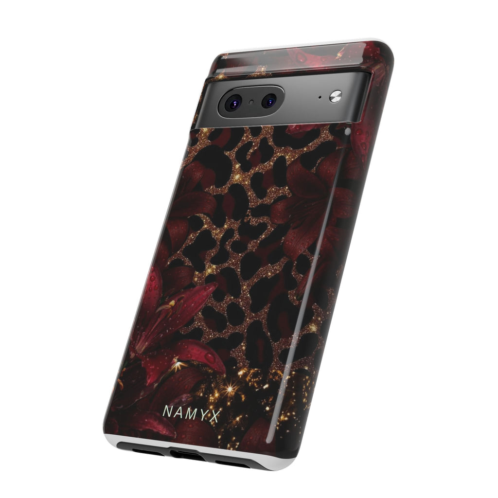 Protective Phone Case — Burgundy Floral & Gold Leopard Print Tough Case
