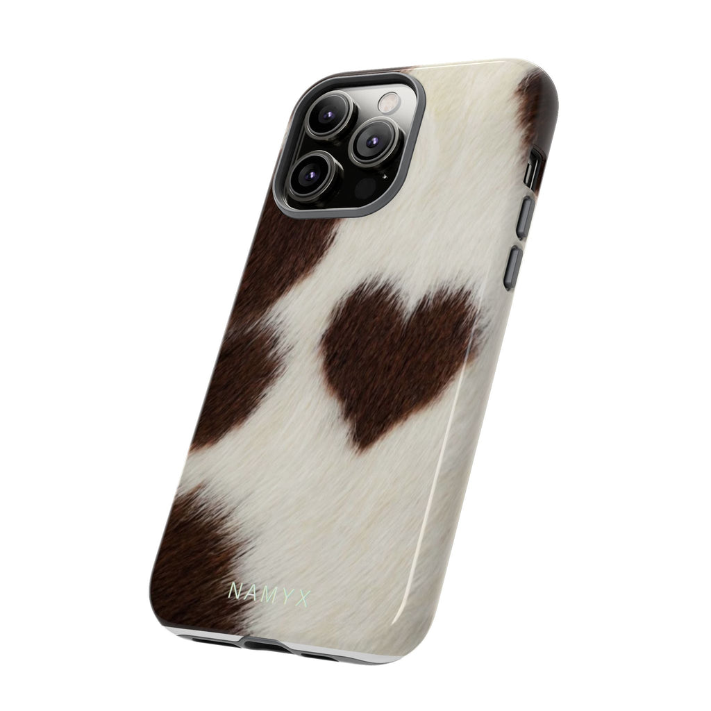 Cowhide Heart Phone Case — Cute Cow Print Protective iPhone Cover