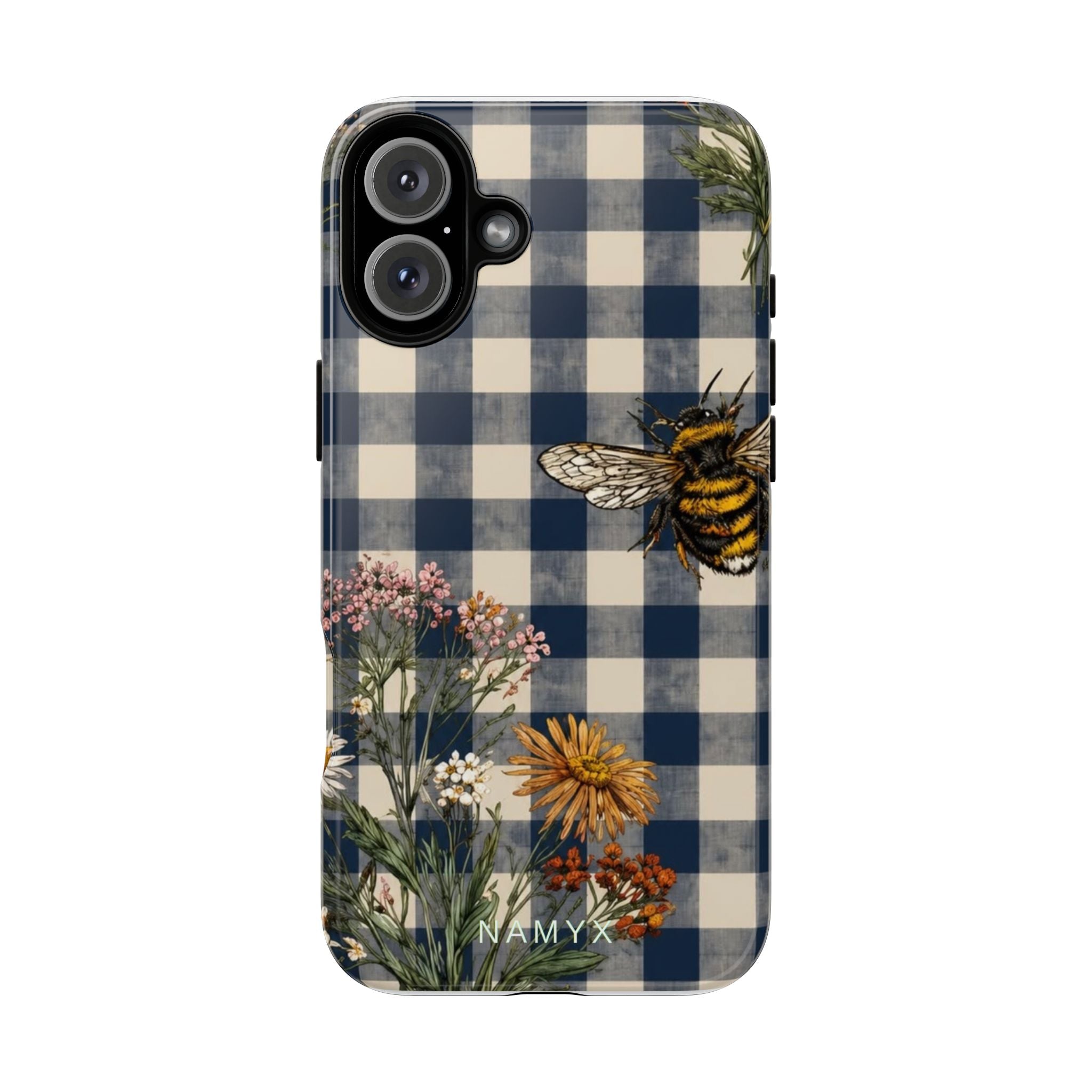 Bee & Wildflower Plaid Phone Case — Navy Buffalo Check Floral iPhone Cover