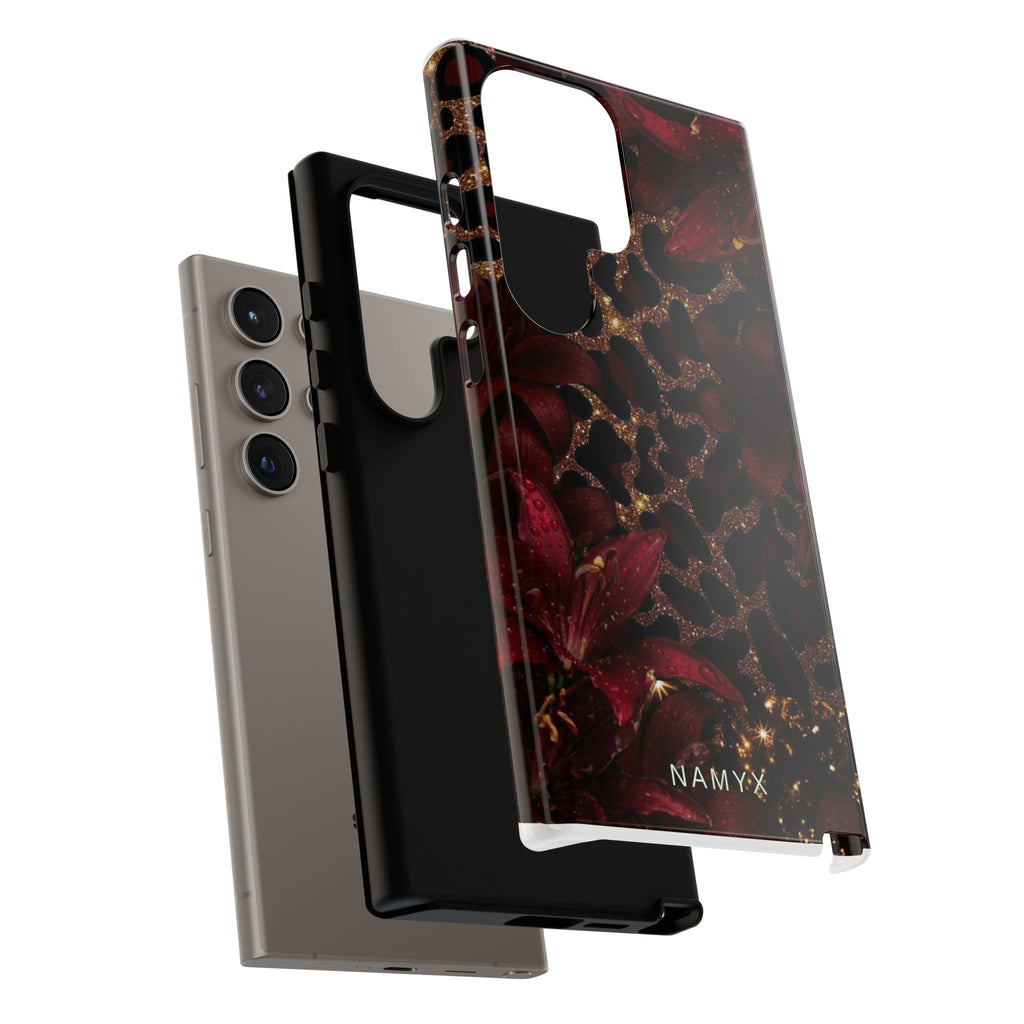 Protective Phone Case — Burgundy Floral & Gold Leopard Print Tough Case