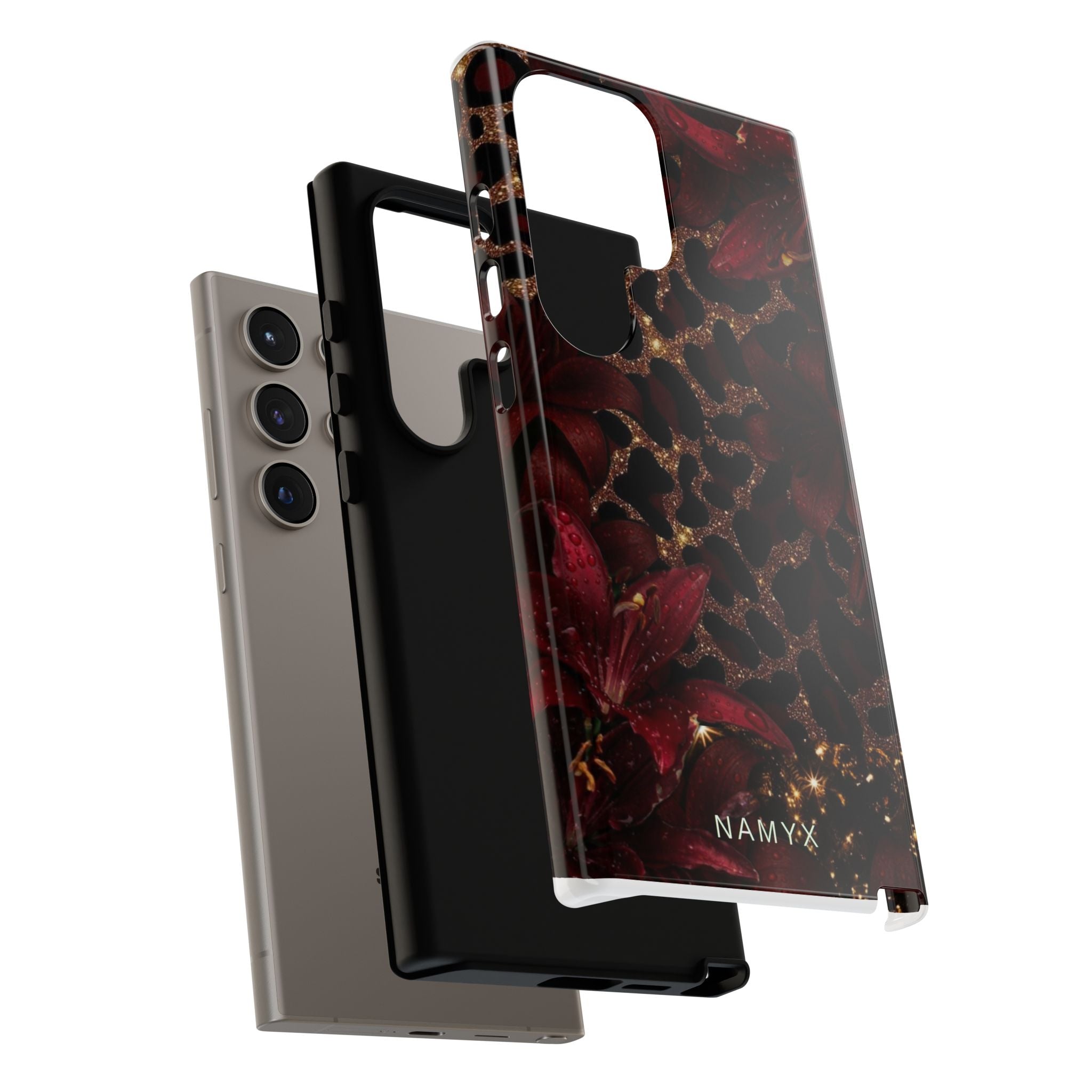 Protective Phone Case — Burgundy Floral & Gold Leopard Print Tough Case