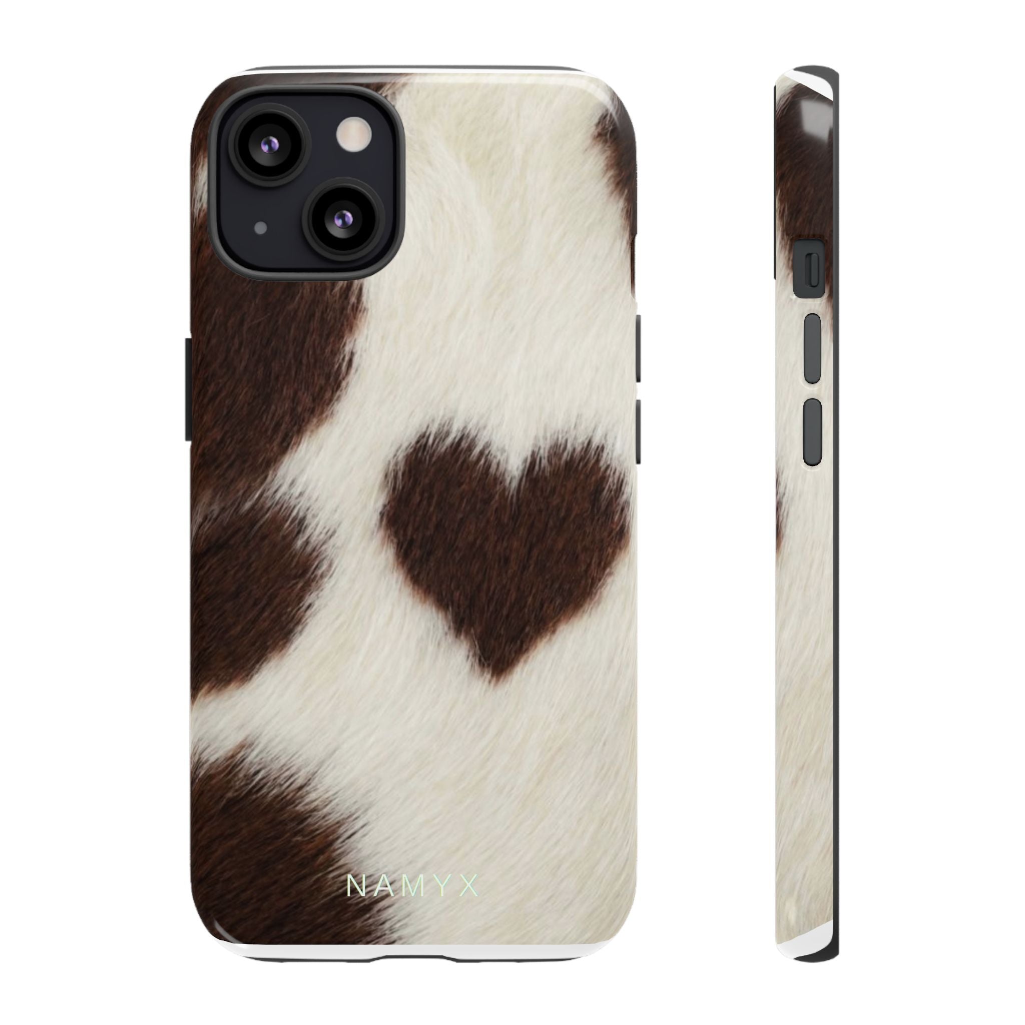 Cowhide Heart Phone Case — Cute Cow Print Protective iPhone Cover