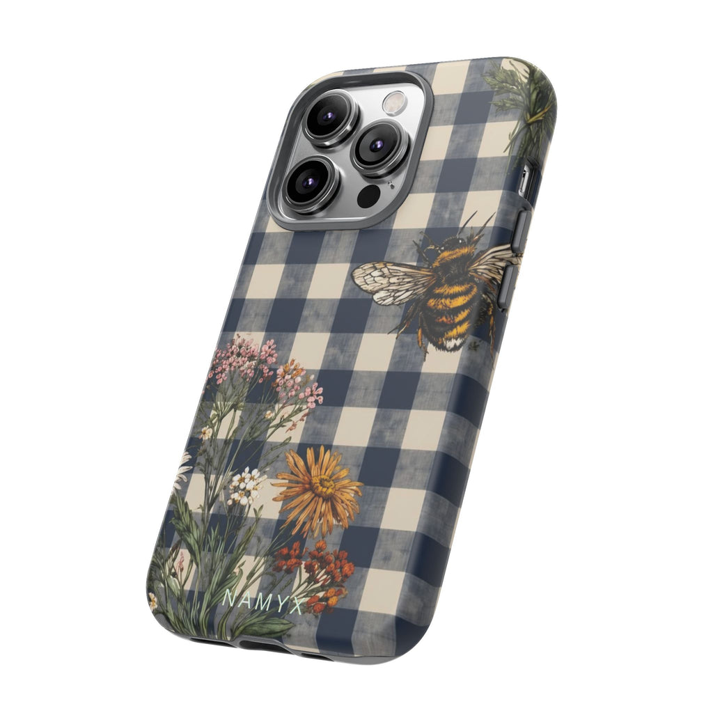 Bee & Wildflower Plaid Phone Case — Navy Buffalo Check Floral iPhone Cover
