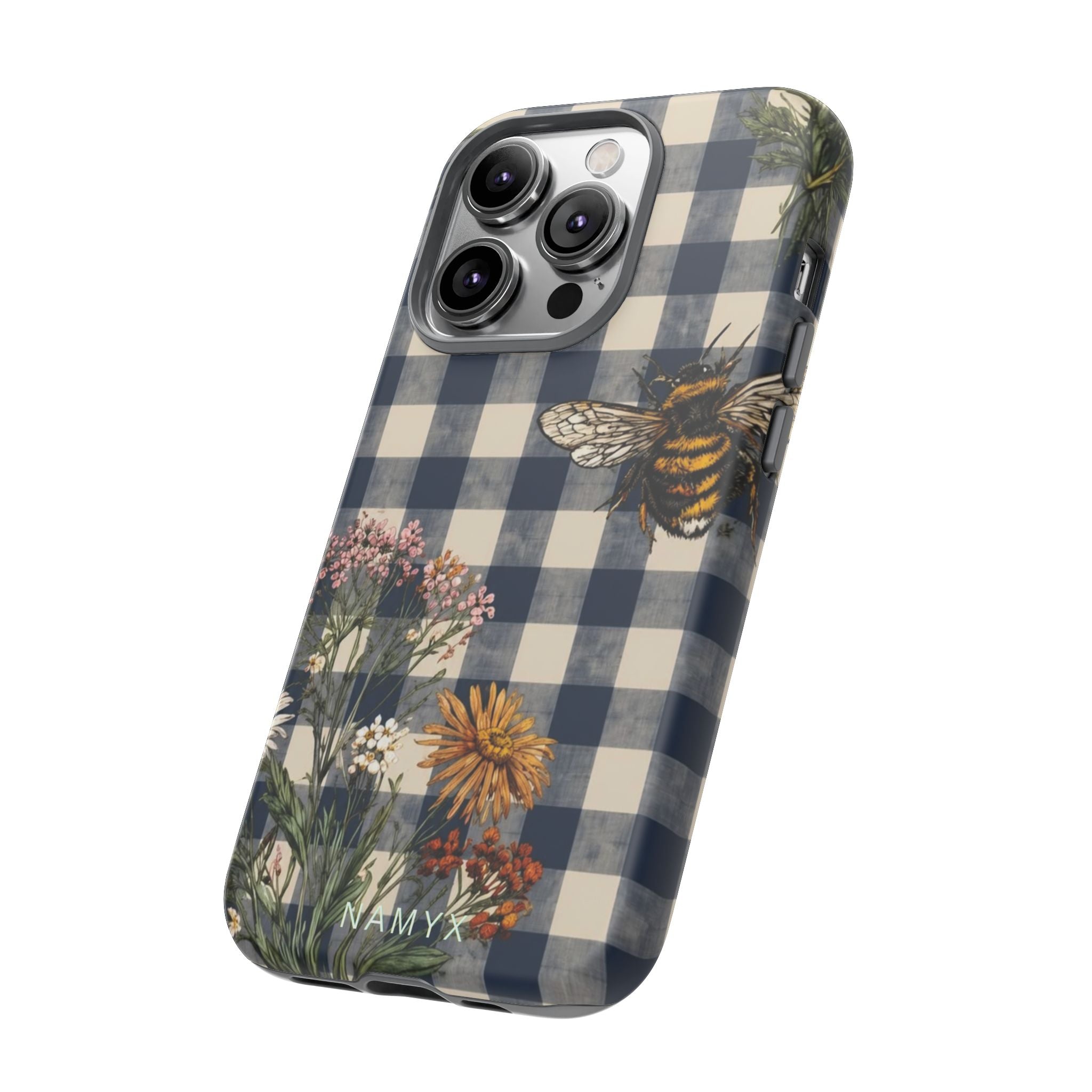 Bee & Wildflower Plaid Phone Case — Navy Buffalo Check Floral iPhone Cover