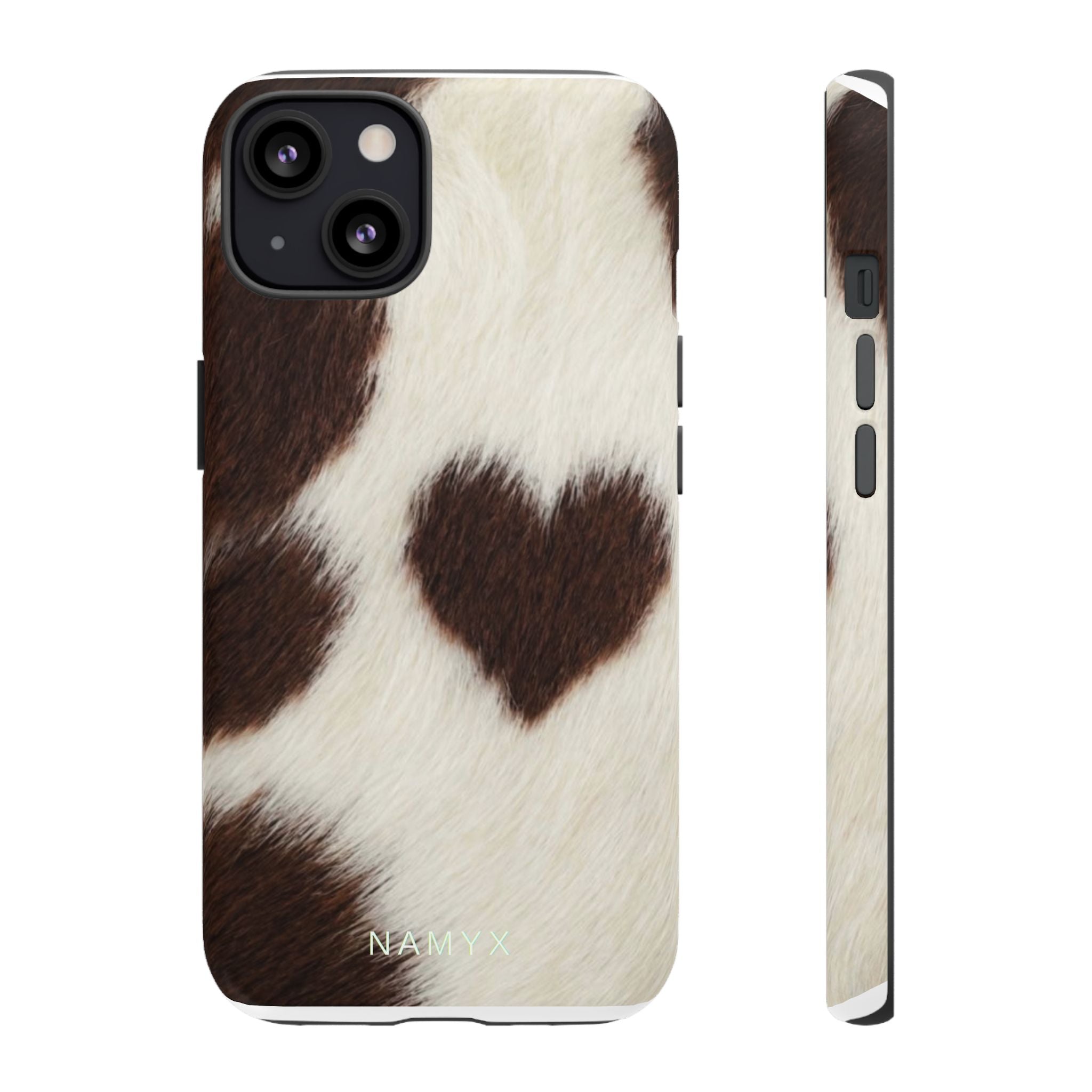 Cowhide Heart Phone Case — Cute Cow Print Protective iPhone Cover