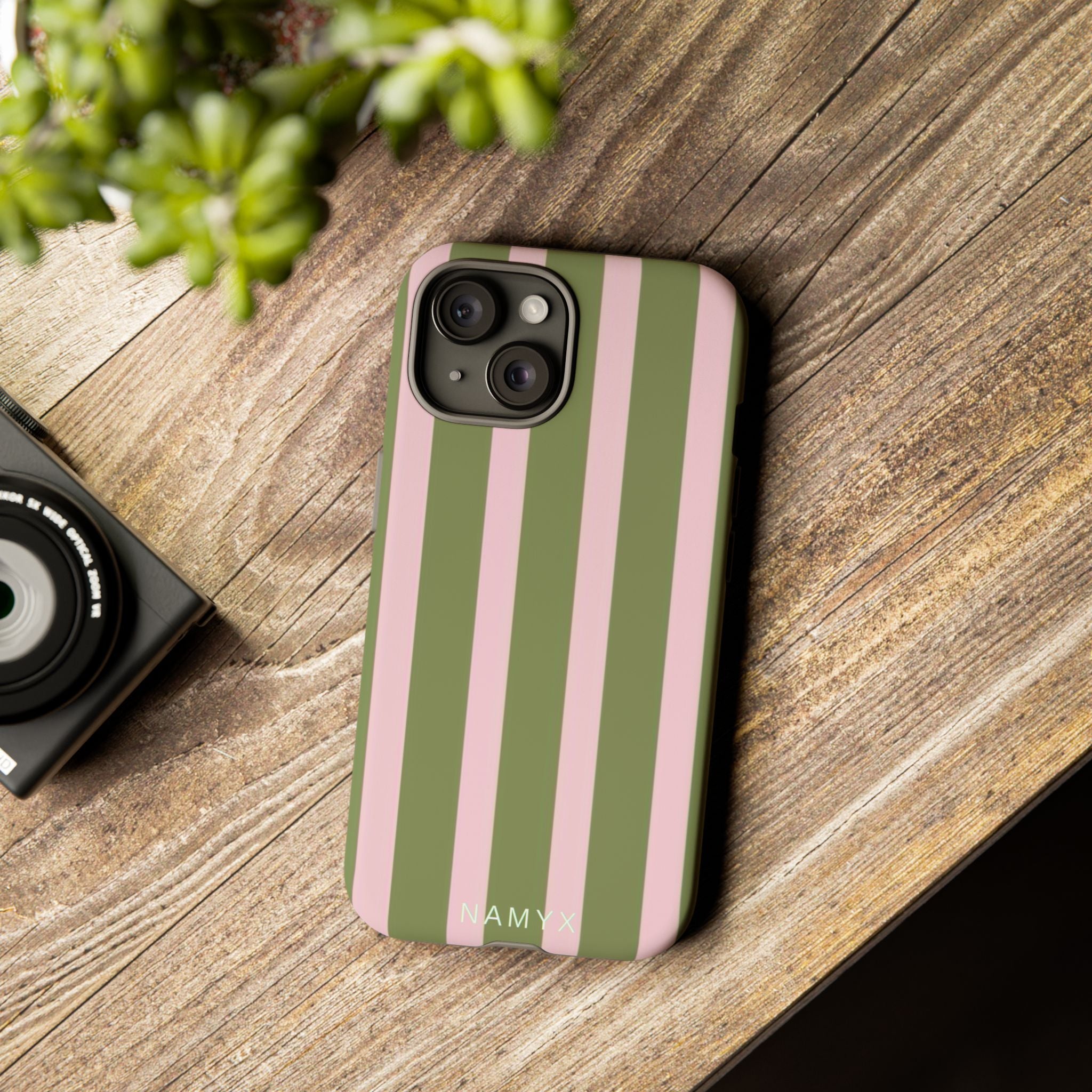 Striped Olive & Blush Tough Phone Case — Durable Protective Phone Cover