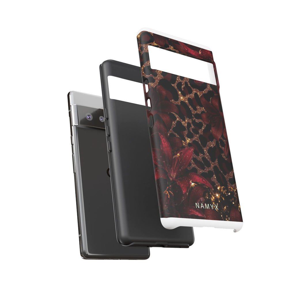 Protective Phone Case — Burgundy Floral & Gold Leopard Print Tough Case