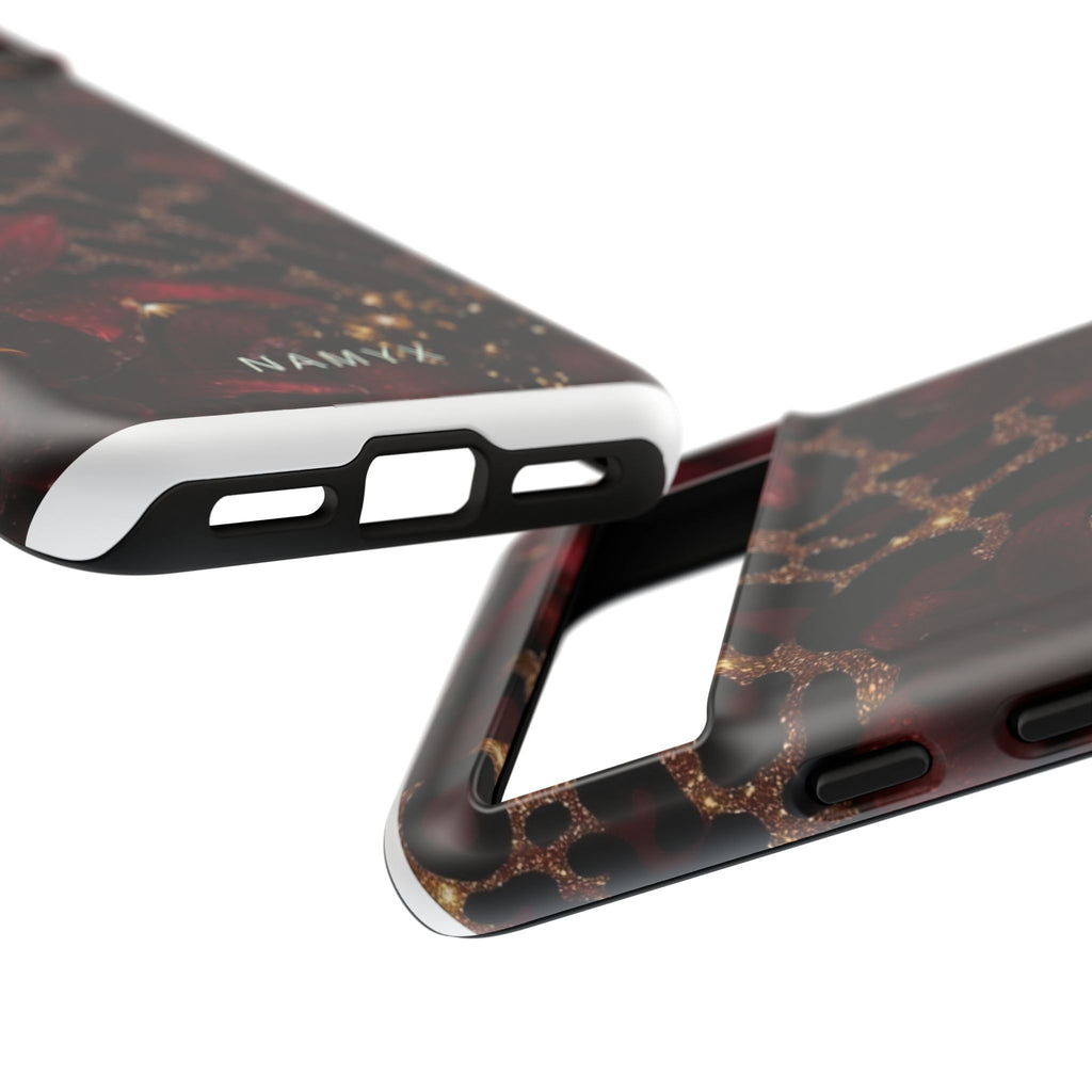 Protective Phone Case — Burgundy Floral & Gold Leopard Print Tough Case
