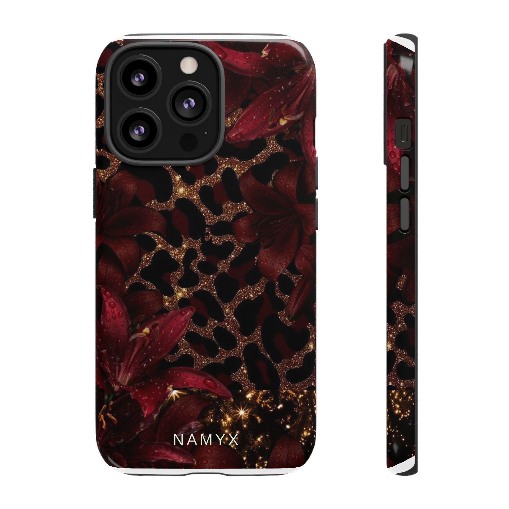 Protective Phone Case — Burgundy Floral & Gold Leopard Print Tough Case