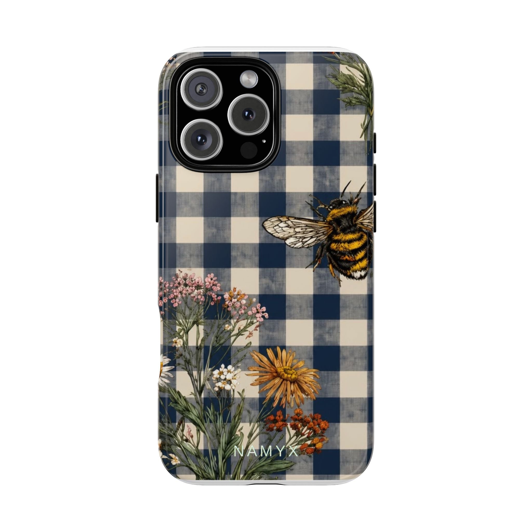 Bee & Wildflower Plaid Phone Case — Navy Buffalo Check Floral iPhone Cover