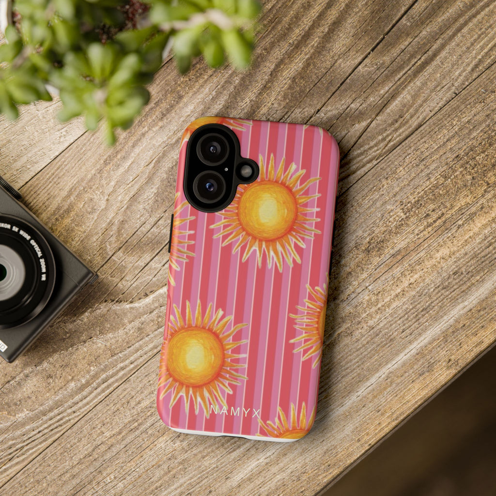 Sunburst Stripe Tough Phone Case — Bright Yellow Sun Pattern on Pink