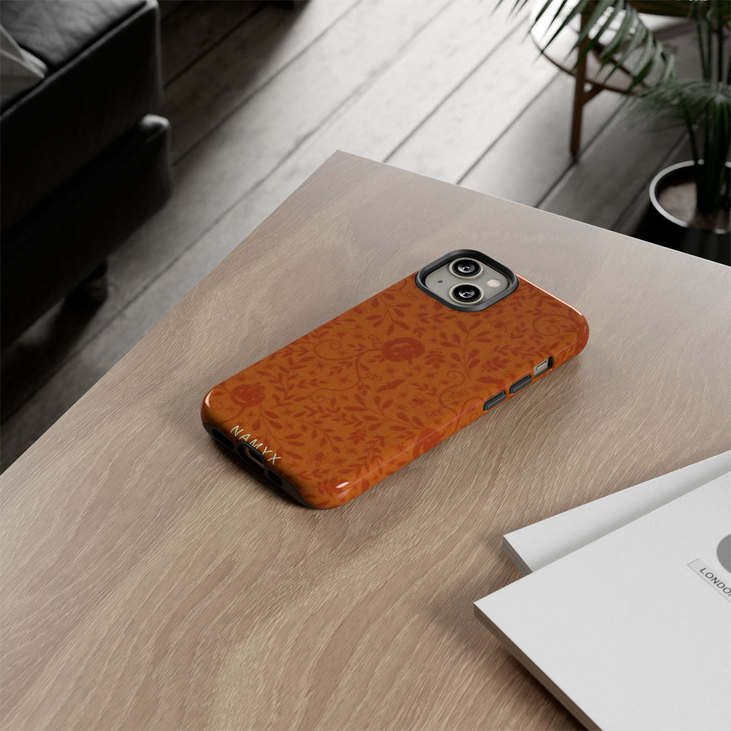 Floral Leather Phone Case — Rustic Orange Botanical Tough Case