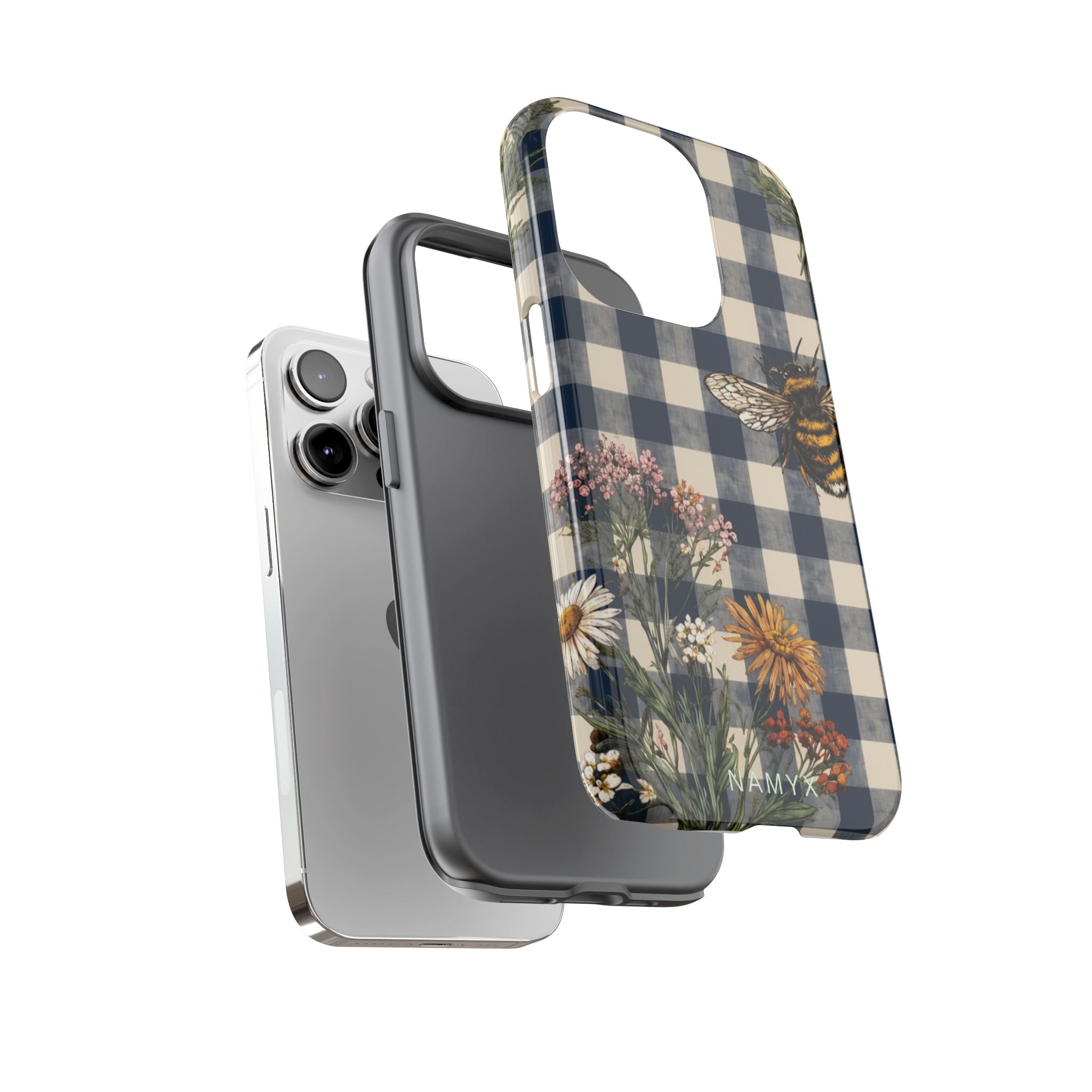 Bee & Wildflower Plaid Phone Case — Navy Buffalo Check Floral iPhone Cover