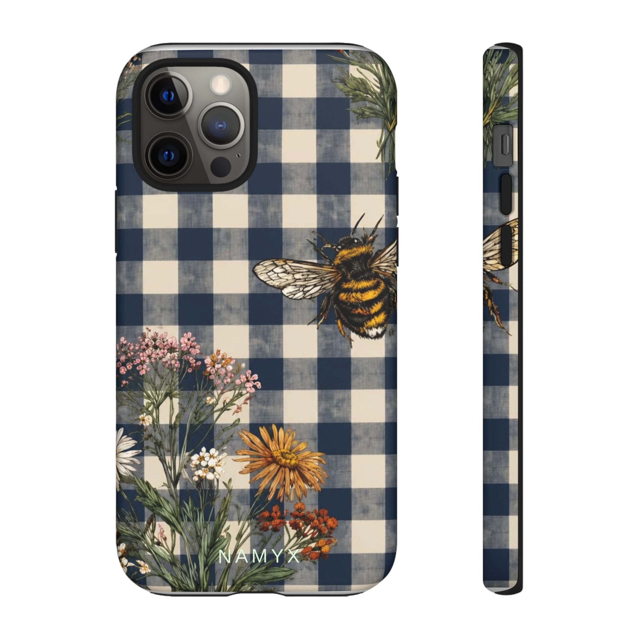 Bee & Wildflower Plaid Phone Case — Navy Buffalo Check Floral iPhone Cover