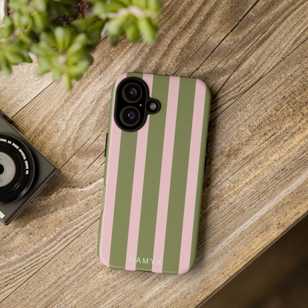 Striped Olive & Blush Tough Phone Case — Durable Protective Phone Cover