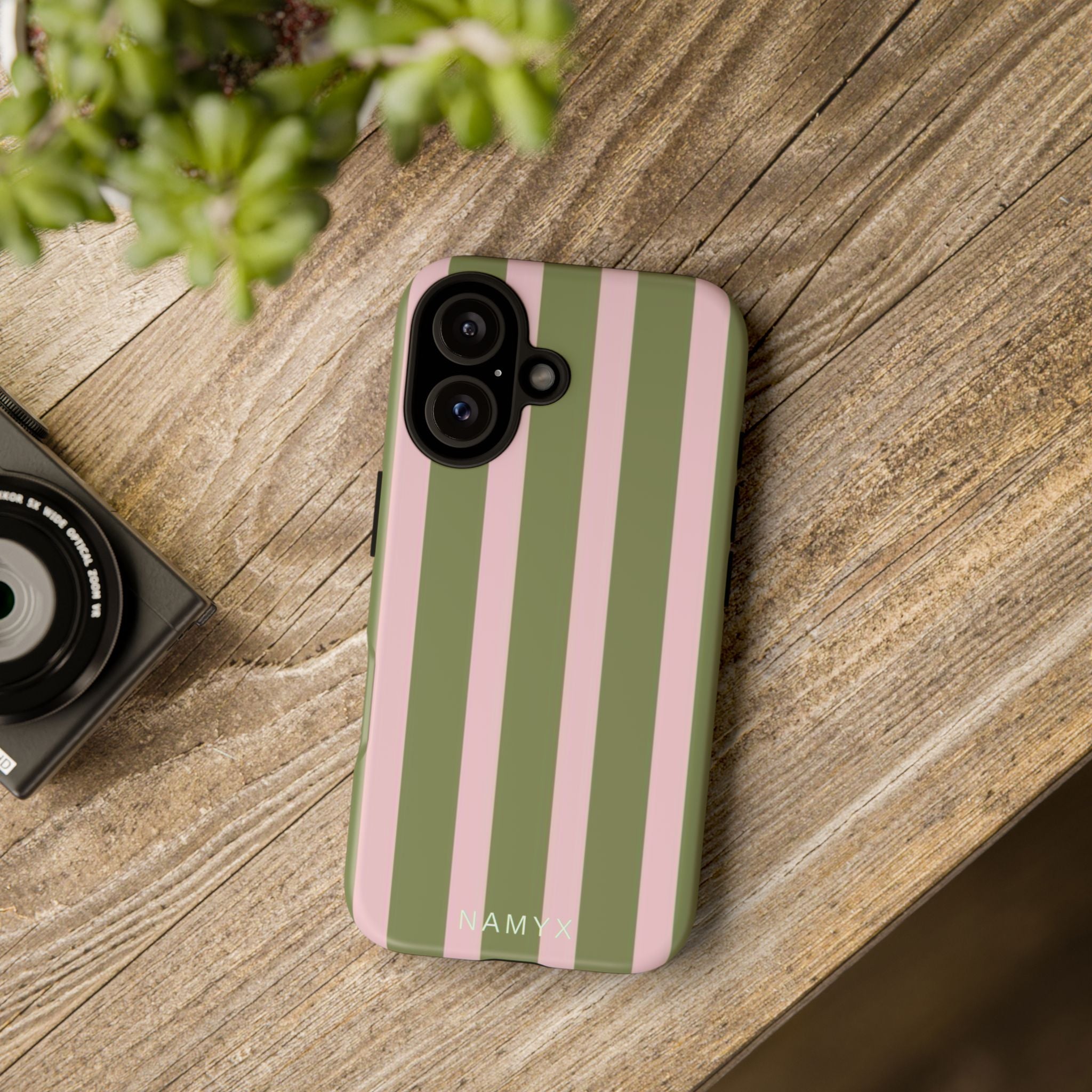 Striped Olive & Blush Tough Phone Case — Durable Protective Phone Cover