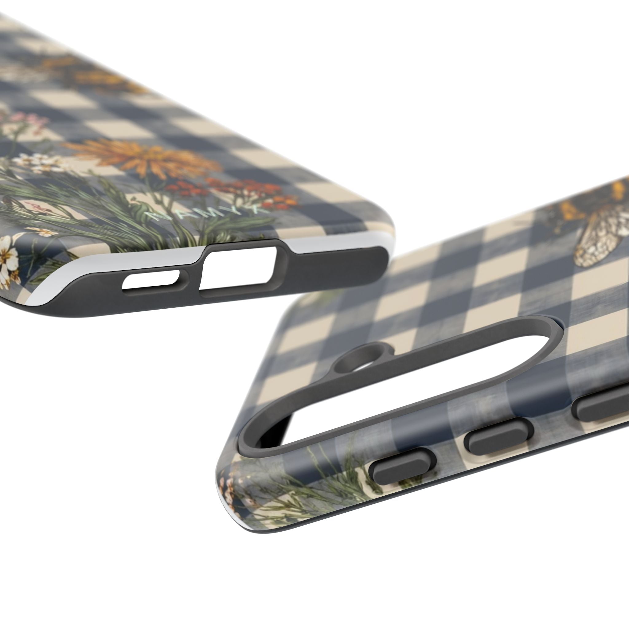 Bee & Wildflower Plaid Phone Case — Navy Buffalo Check Floral iPhone Cover