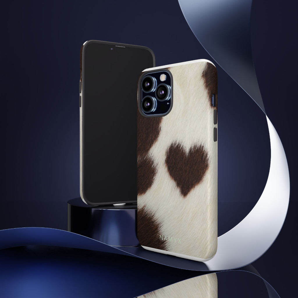 Cowhide Heart Phone Case — Cute Cow Print Protective iPhone Cover