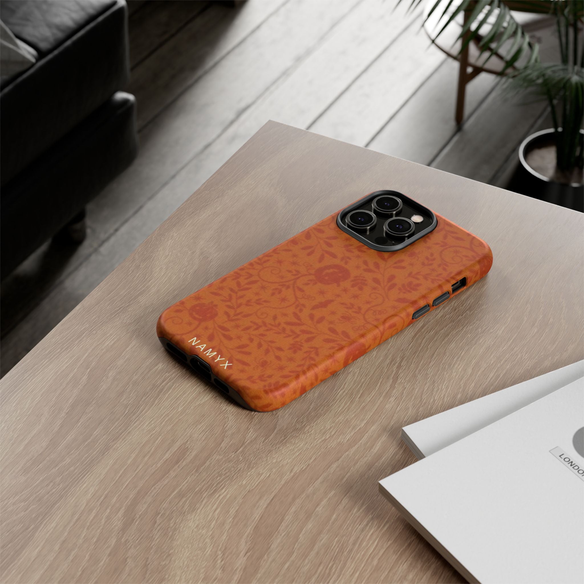Floral Leather Phone Case — Rustic Orange Botanical Tough Case