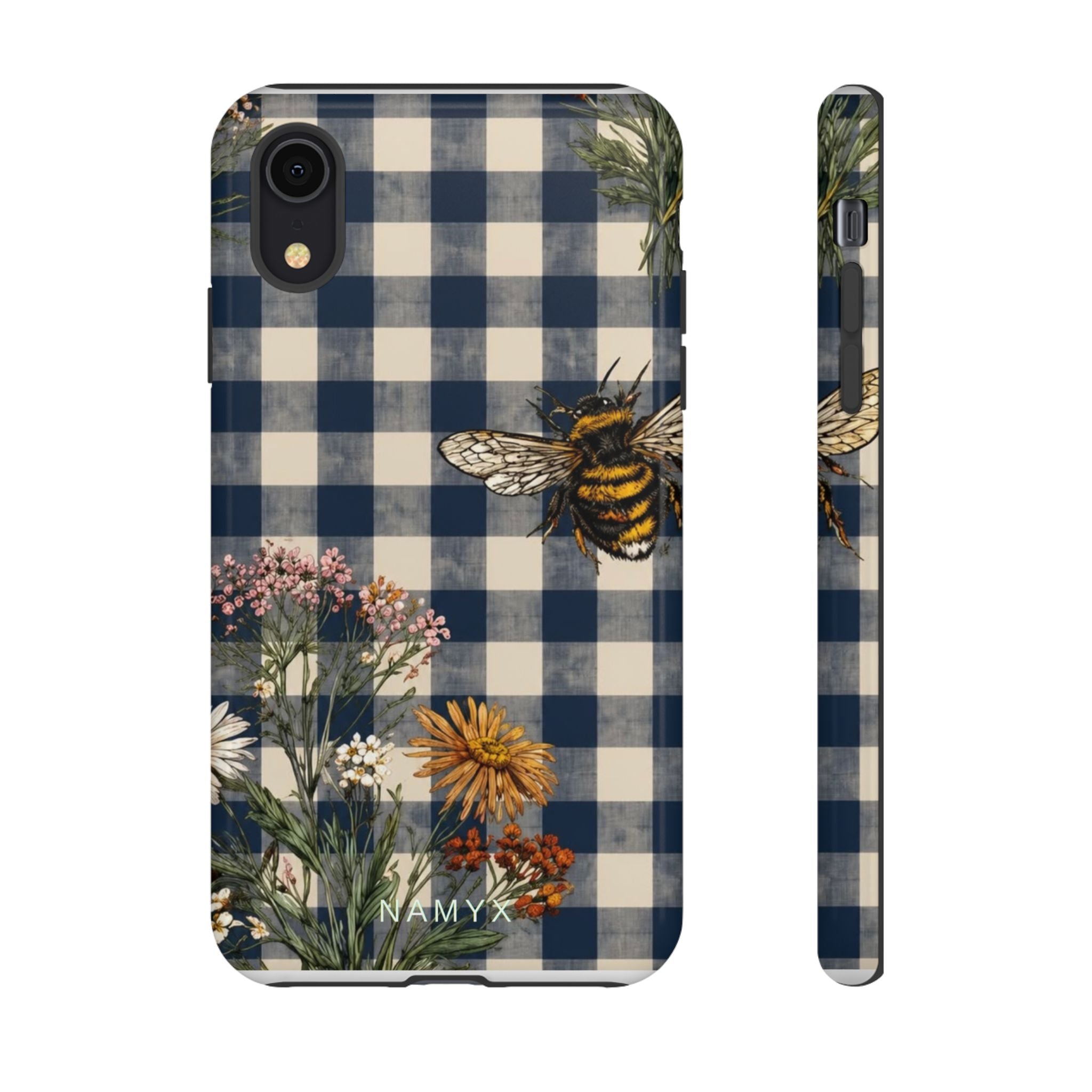 Bee & Wildflower Plaid Phone Case — Navy Buffalo Check Floral iPhone Cover