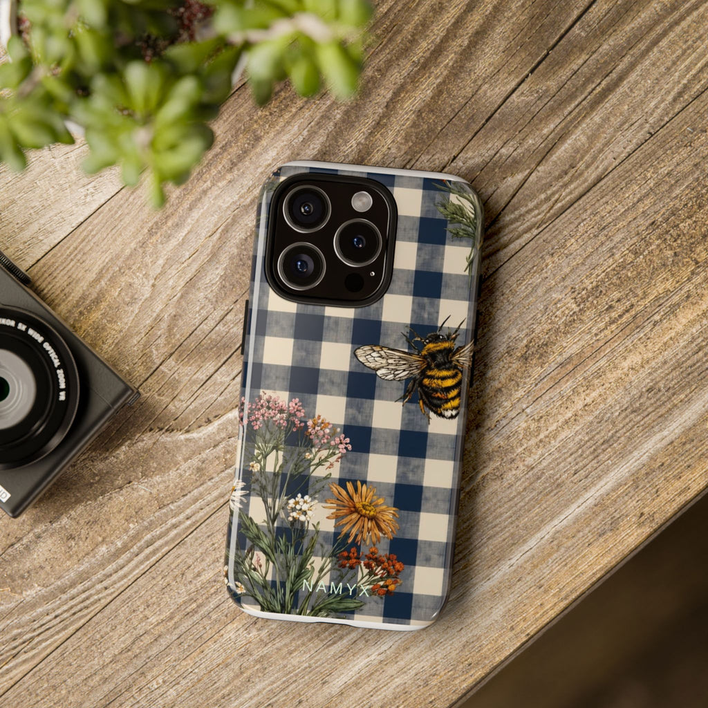 Bee & Wildflower Plaid Phone Case — Navy Buffalo Check Floral iPhone Cover