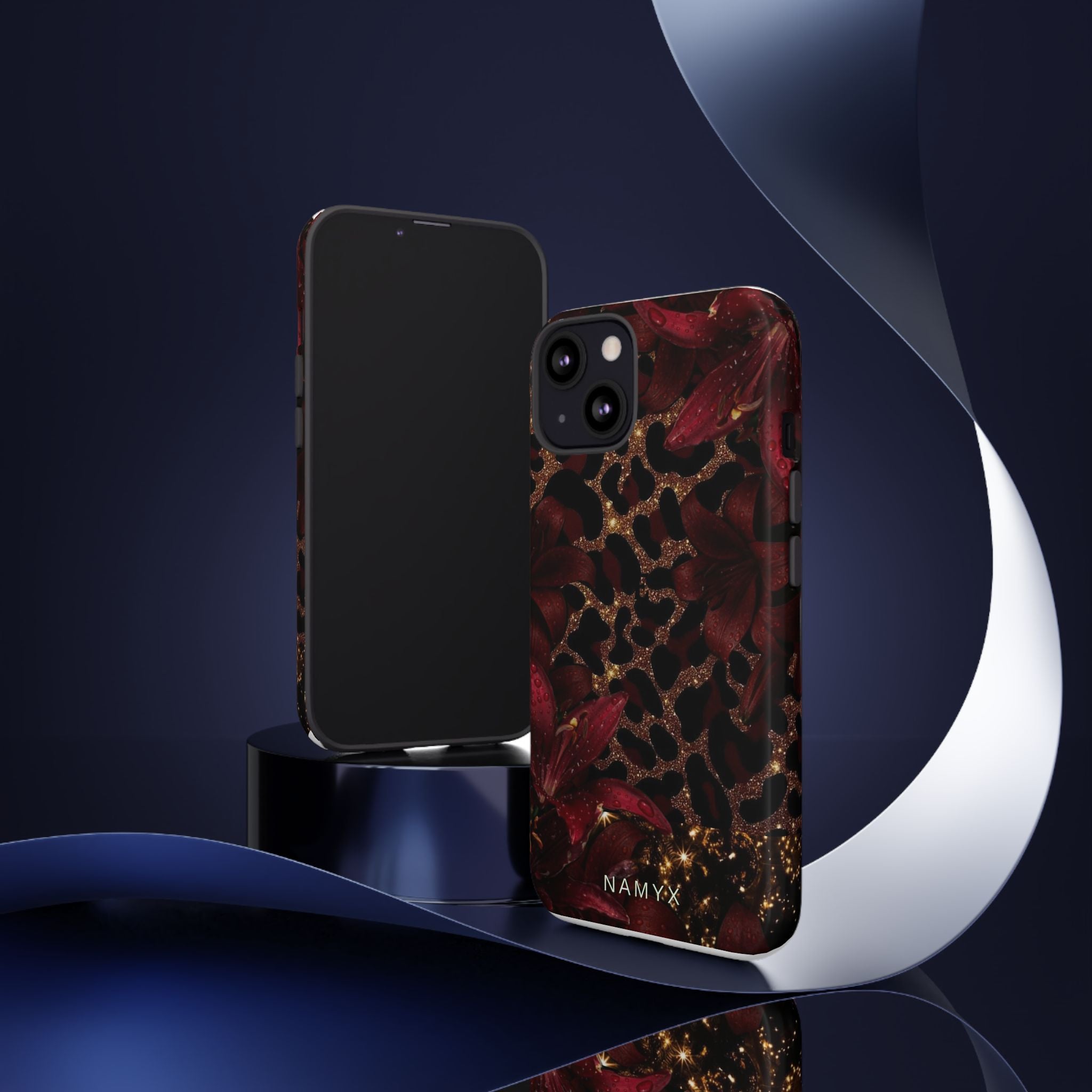 Protective Phone Case — Burgundy Floral & Gold Leopard Print Tough Case