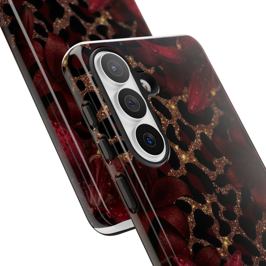 Protective Phone Case — Burgundy Floral & Gold Leopard Print Tough Case