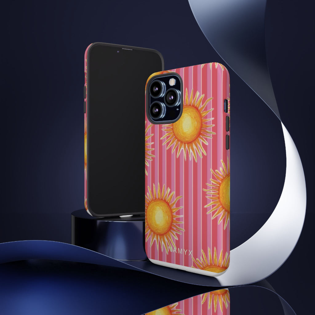 Sunburst Stripe Tough Phone Case — Bright Yellow Sun Pattern on Pink