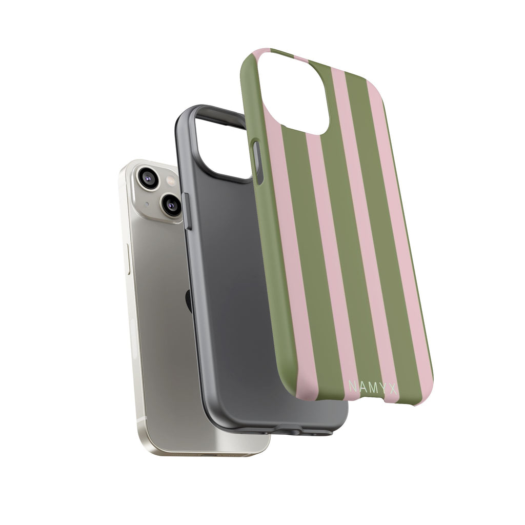Striped Olive & Blush Tough Phone Case — Durable Protective Phone Cover