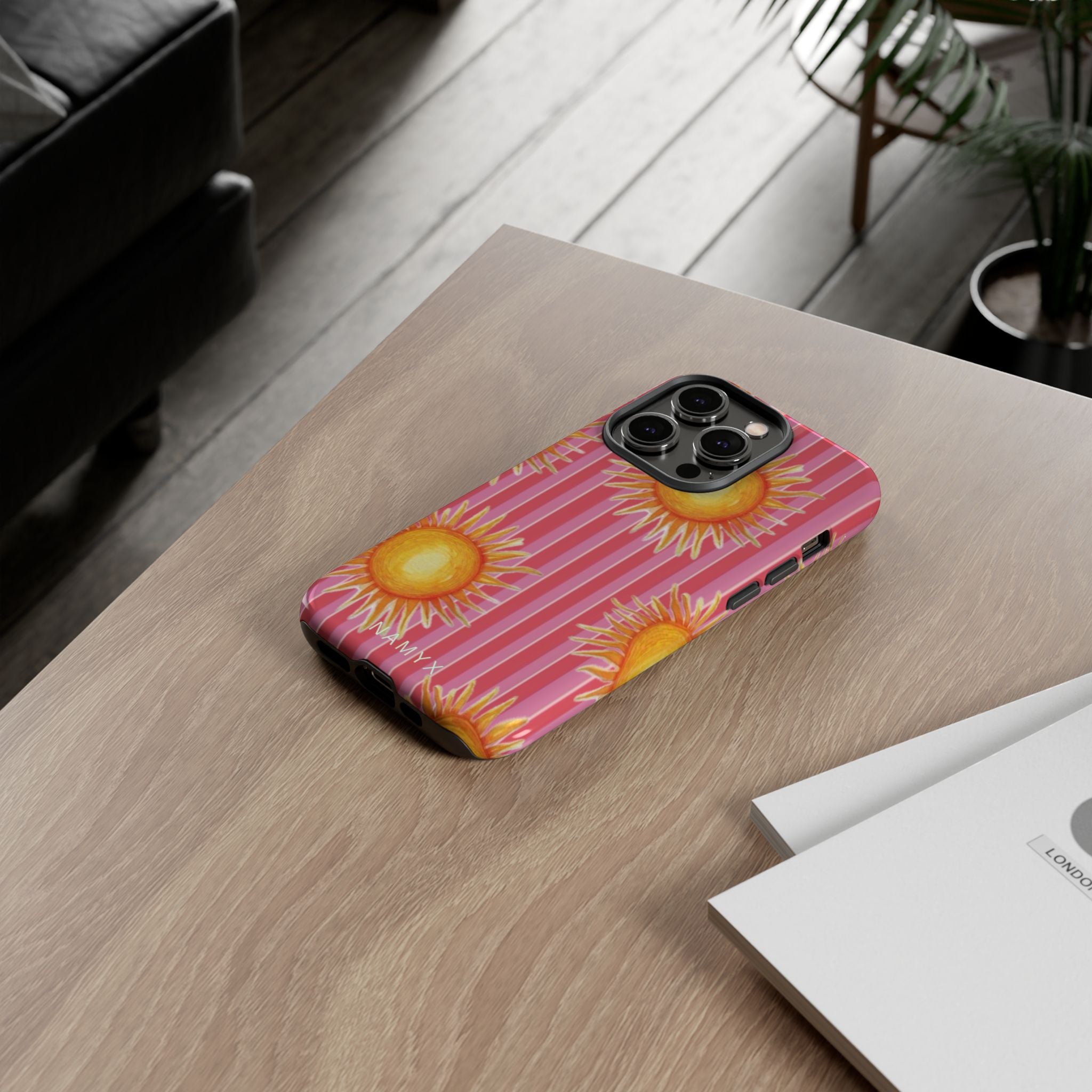 Sunburst Stripe Tough Phone Case — Bright Yellow Sun Pattern on Pink