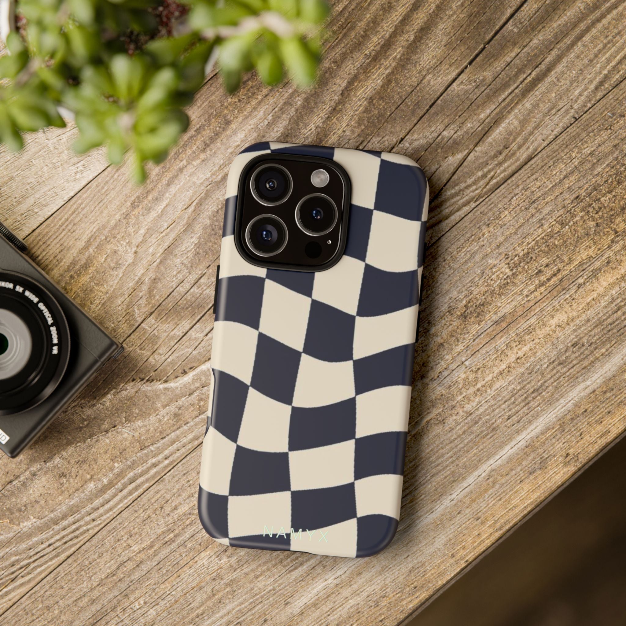 Wavy Checkered Phone Case – Retro Navy Racing Pattern Tough Case