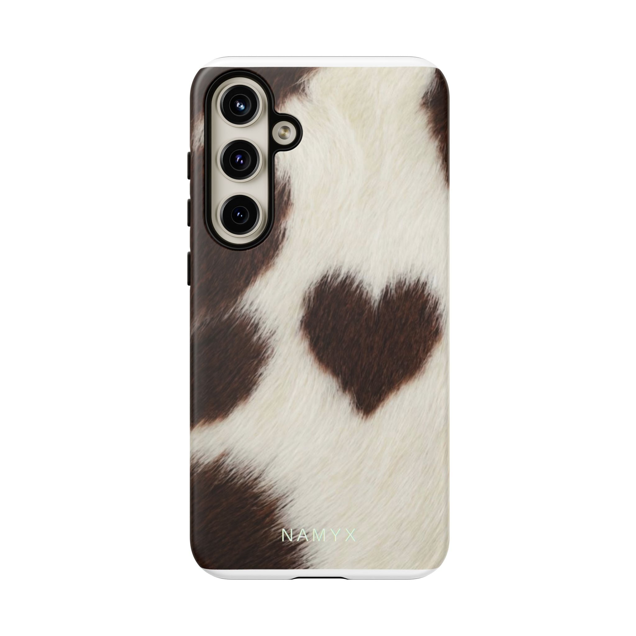 Cowhide Heart Phone Case — Cute Cow Print Protective iPhone Cover