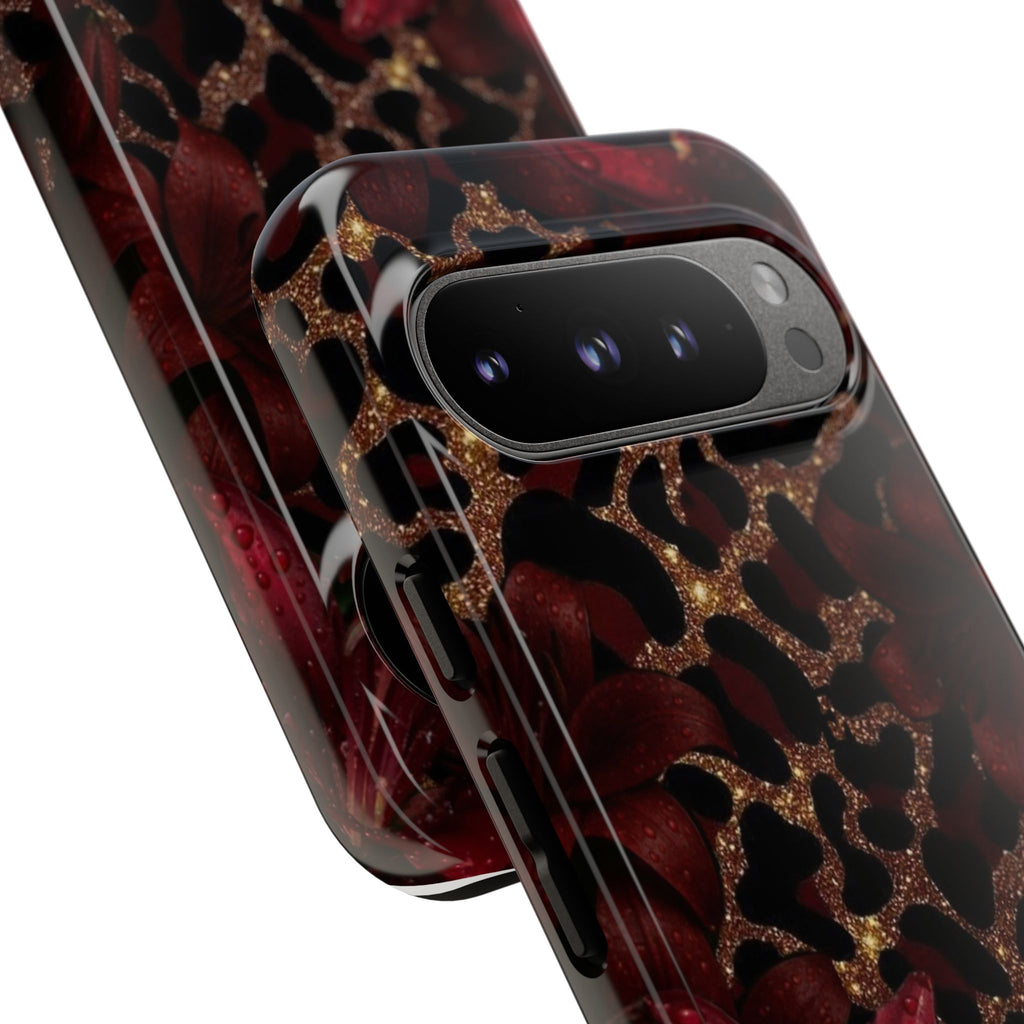 Protective Phone Case — Burgundy Floral & Gold Leopard Print Tough Case